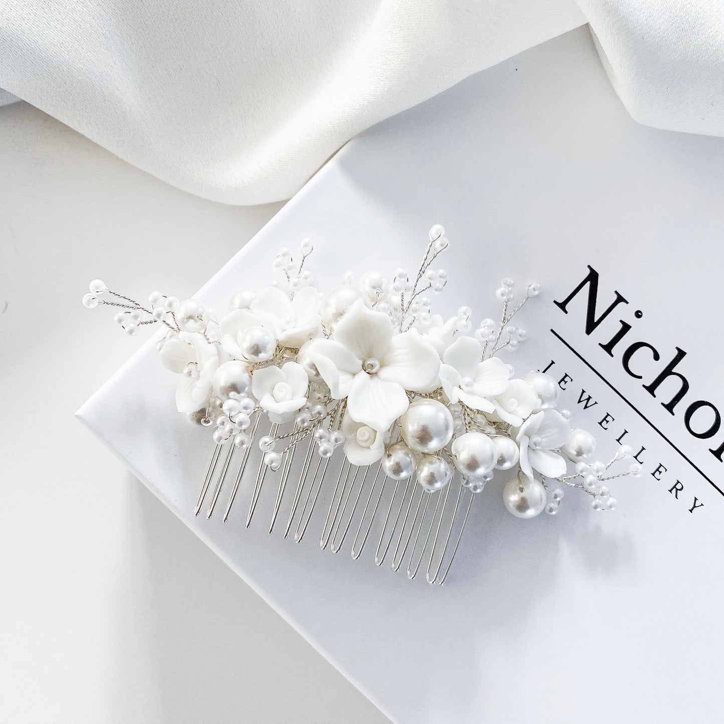 Porcelain Flower and Pearl Spray Earring and Comb Set