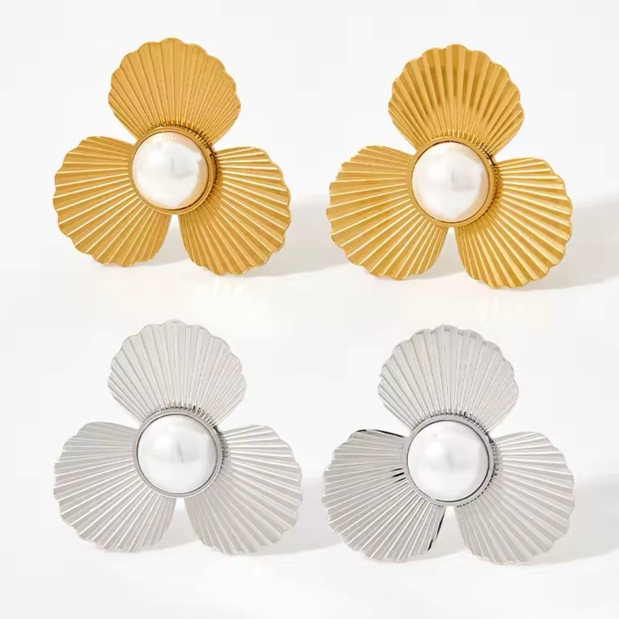 Fan Flower Pearl Silver Earrings