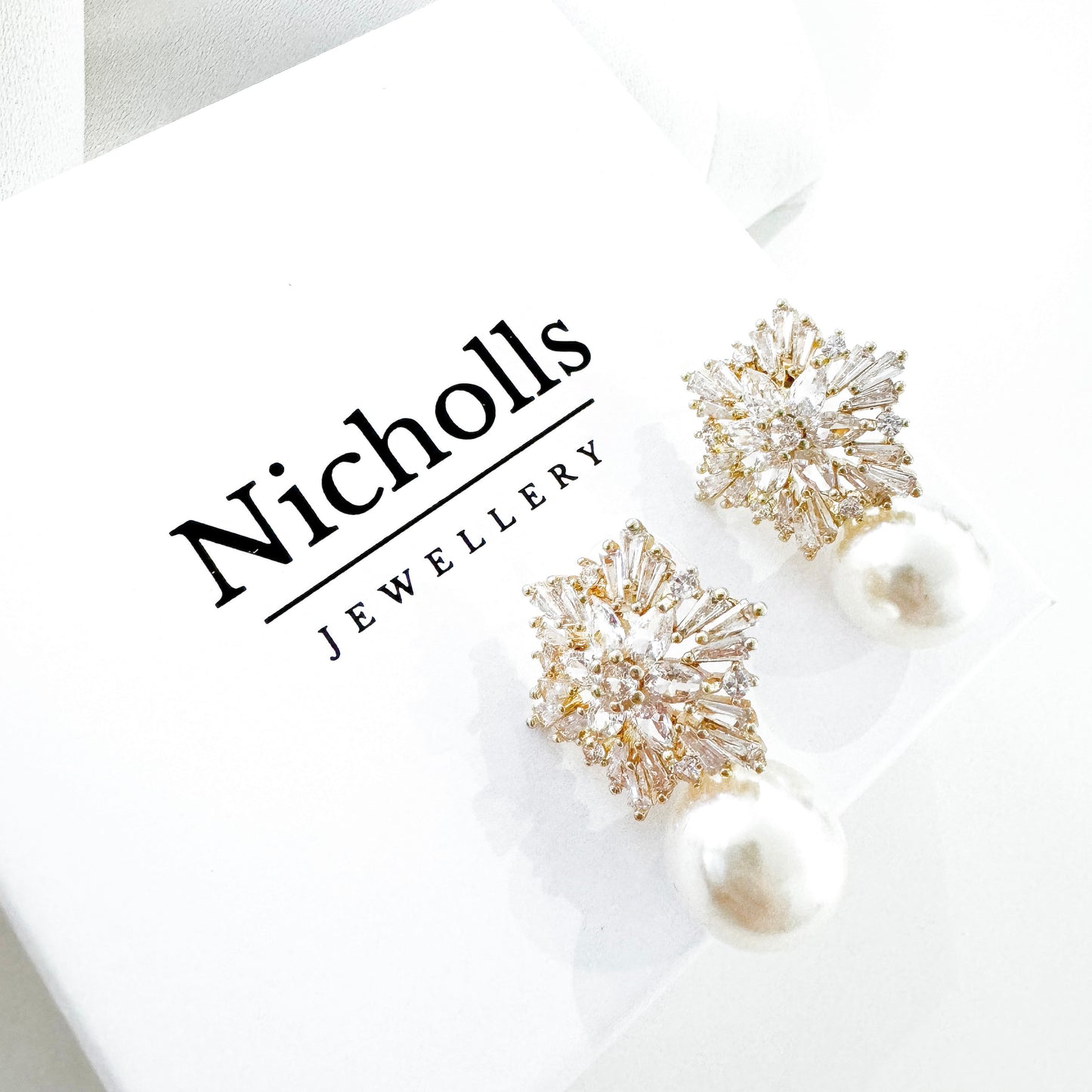 Snowflake Crystal Drop Pearl Gold Earrings