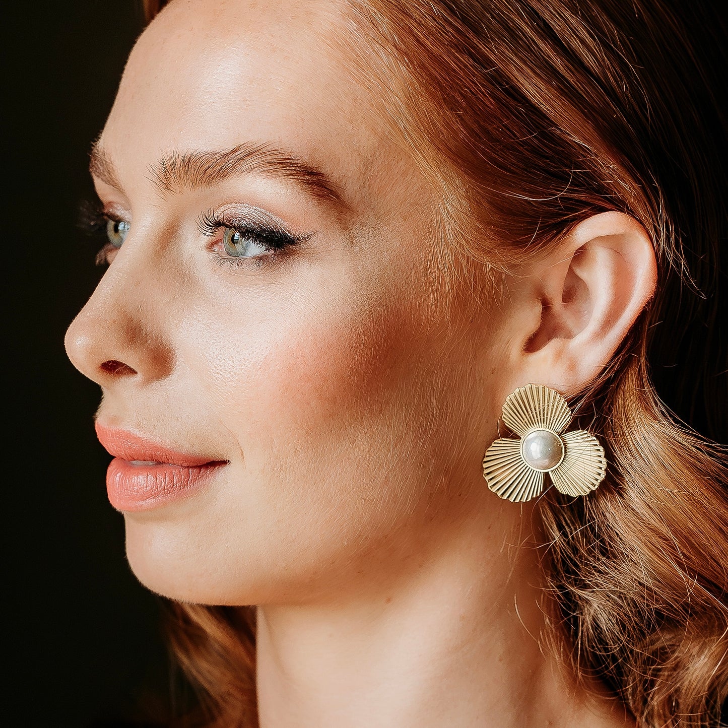 Fan Flower Pearl Gold Earrings