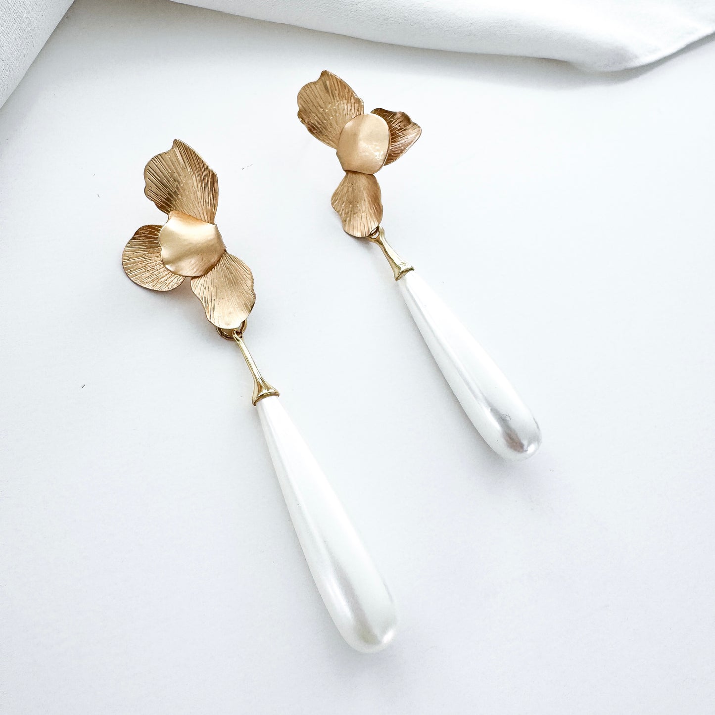 Gold Folded Flower and Long Elegant Pearl Earrings