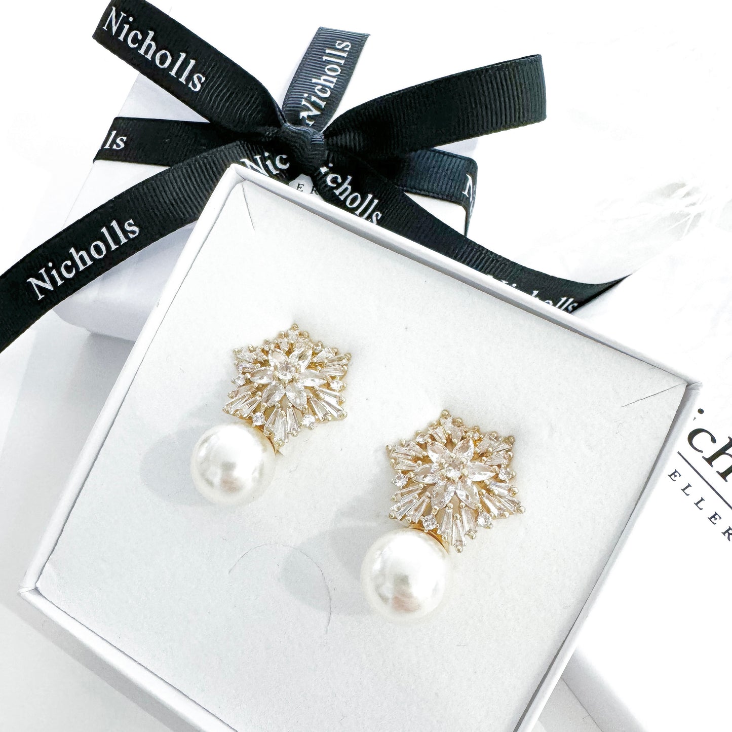 Snowflake Crystal Drop Pearl Gold Earrings