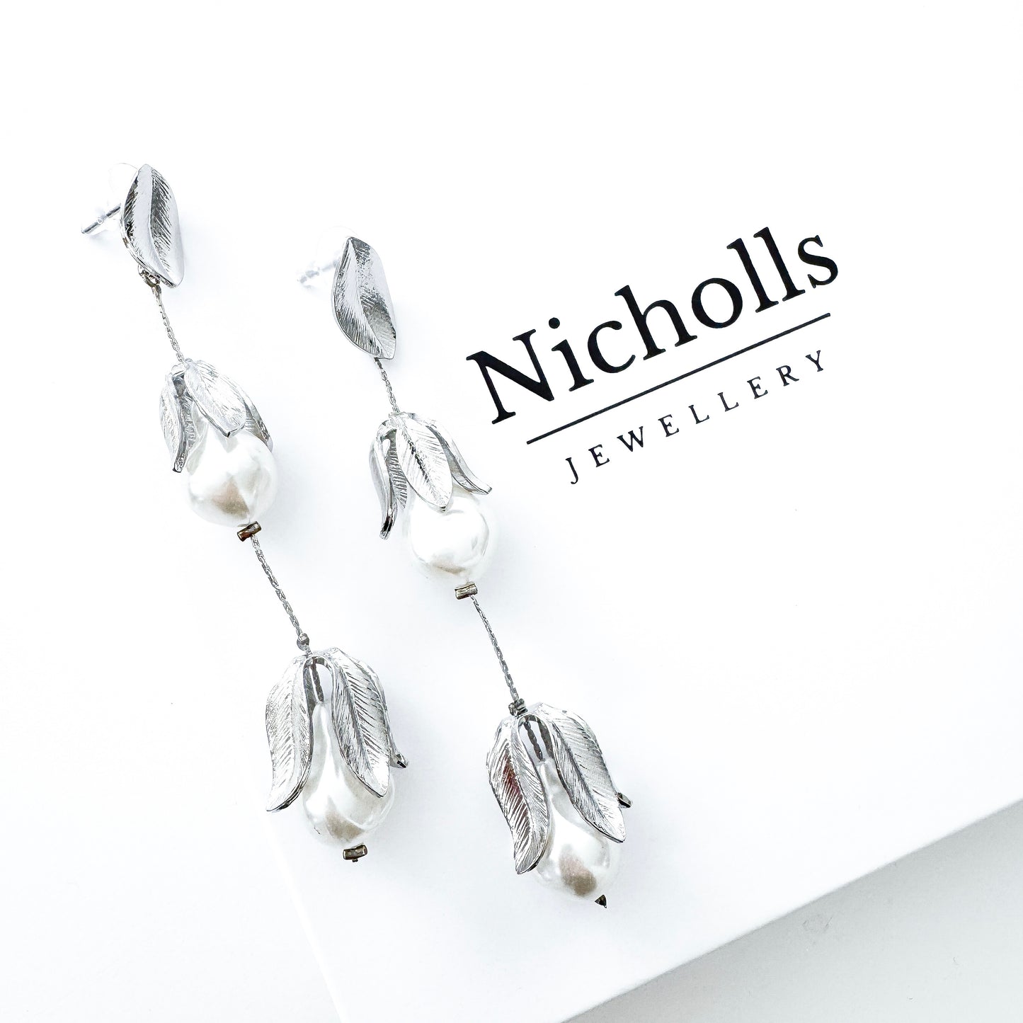 Silver Leaf and Pearl Drop Earrings - Bridal, Holiday and Party Jewellery