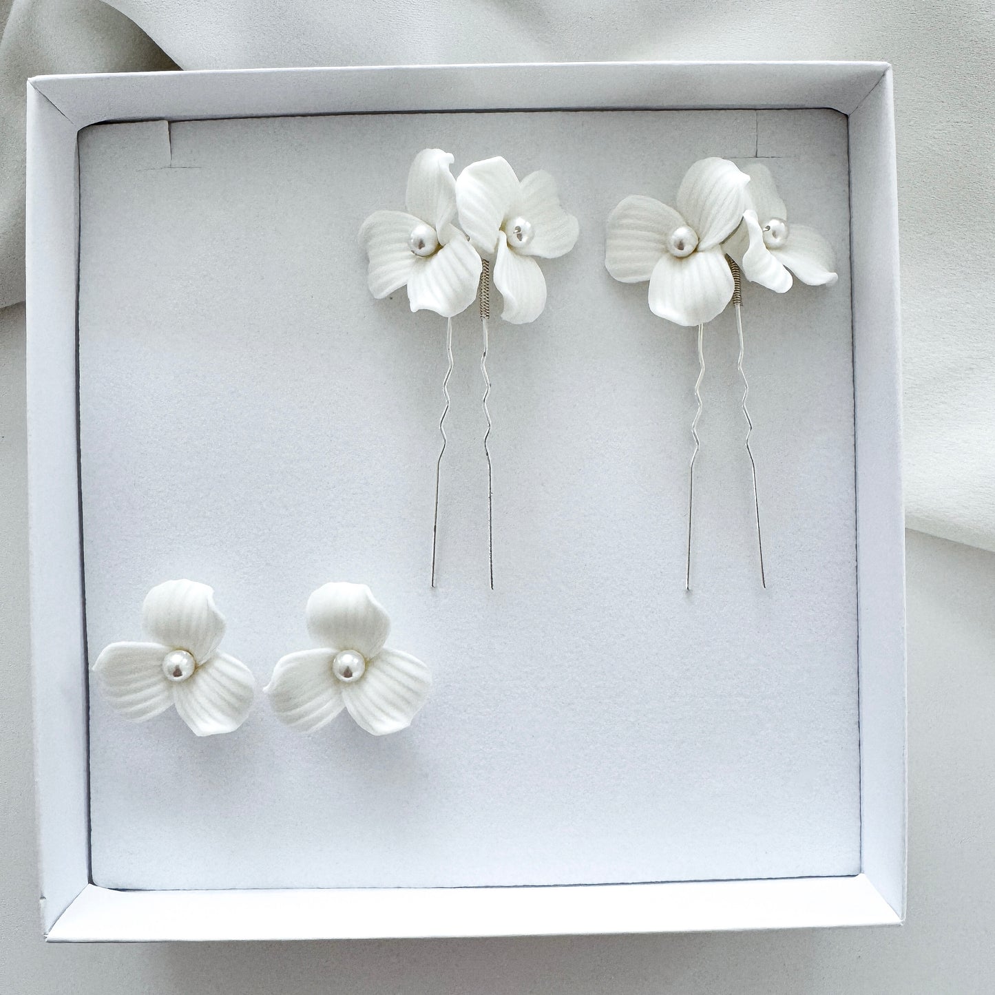 Delicate Porcelain Flower & Pearl Stud Earrings with matching Porcelain Flower Hair Pins