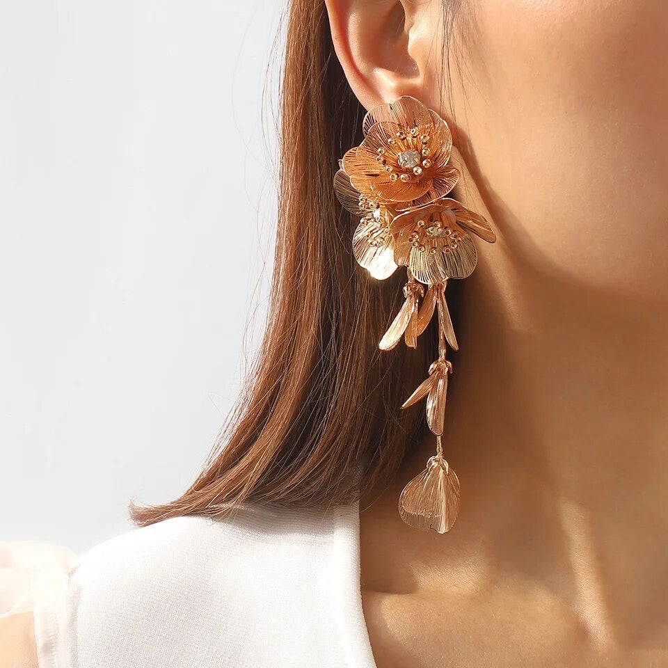 Gold Flower Statement Earrings- Lightweight Waterfall Design