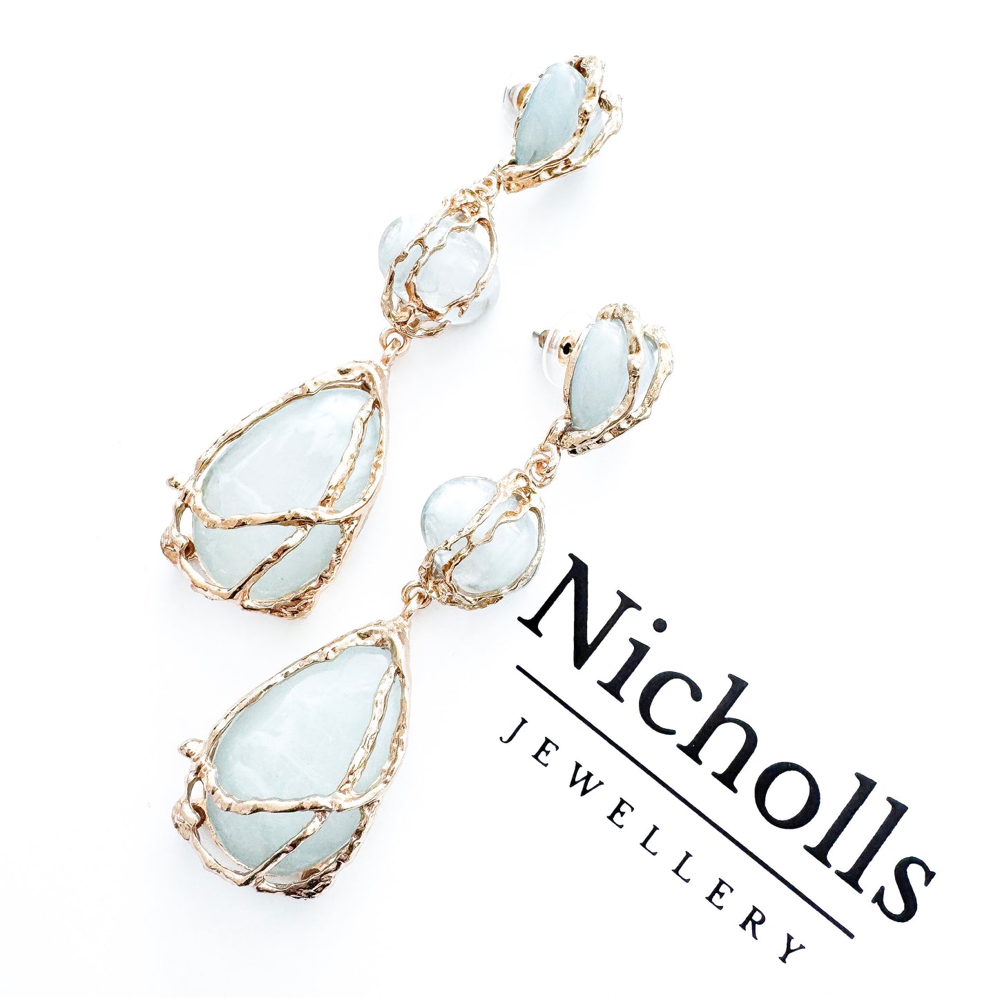 Gold Drip & Blue Grey Crystal Drop Earrings – Statement Party, Bridal & Christmas Jewellery