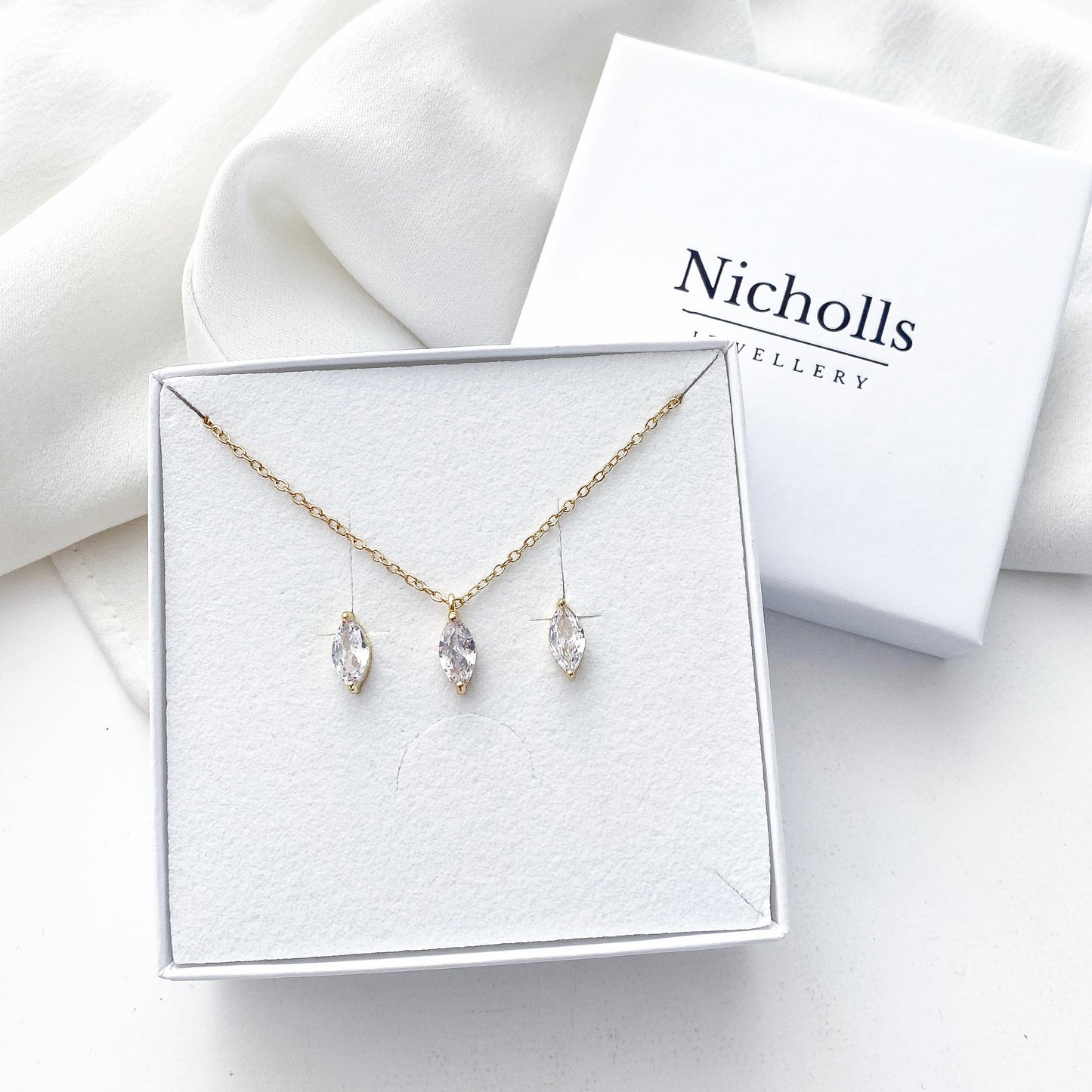 Marquise Crystal Necklace and Earring Set Gold