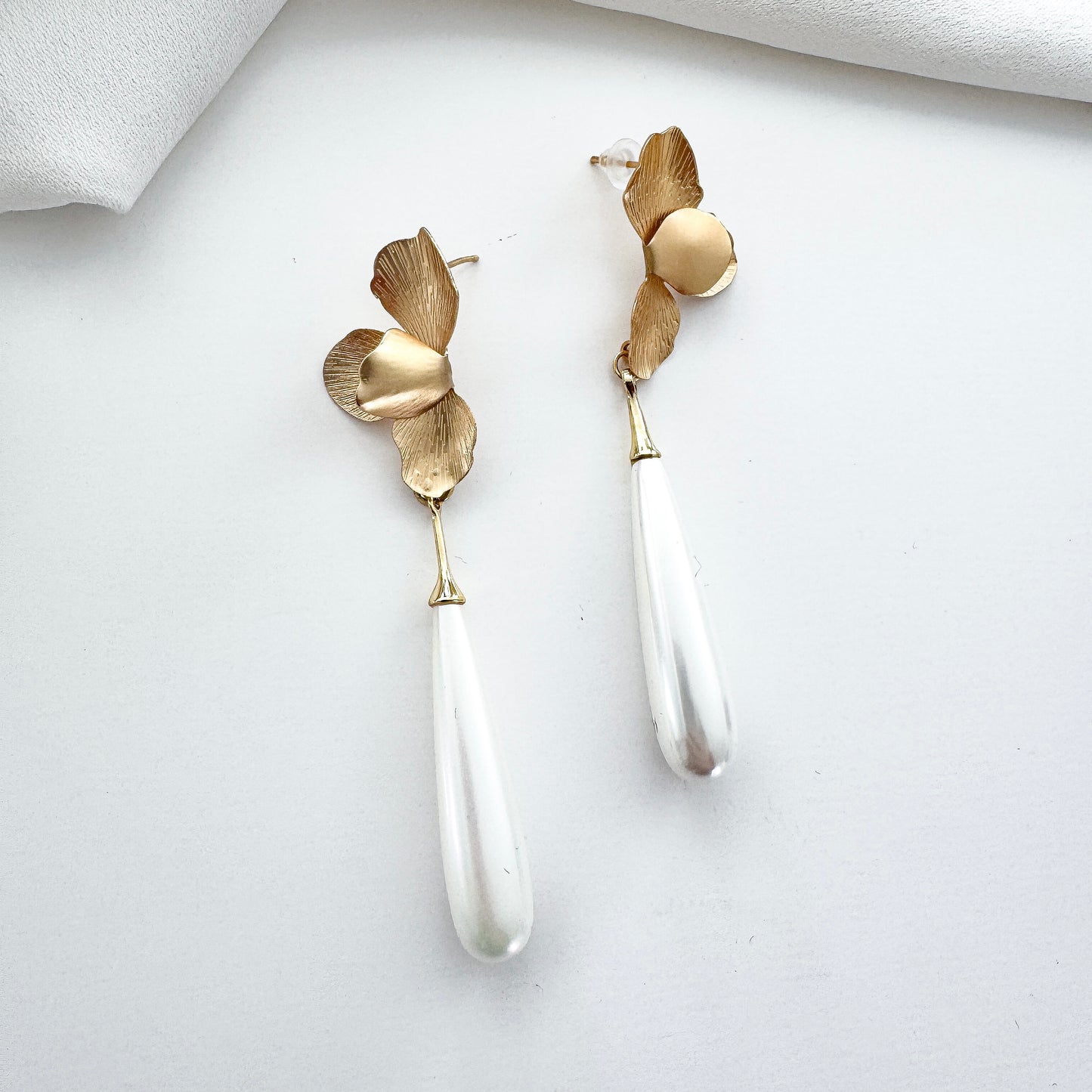 Gold Folded Flower and Long Elegant Pearl Earrings