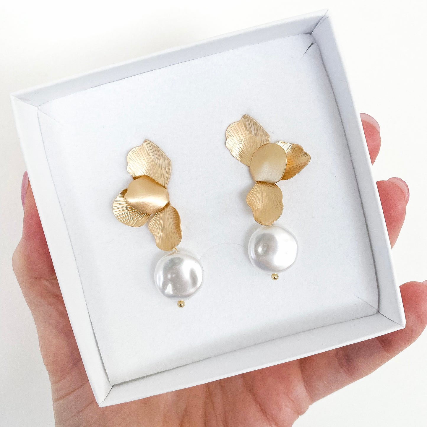 Gold Folded Flower Pearl Earrings