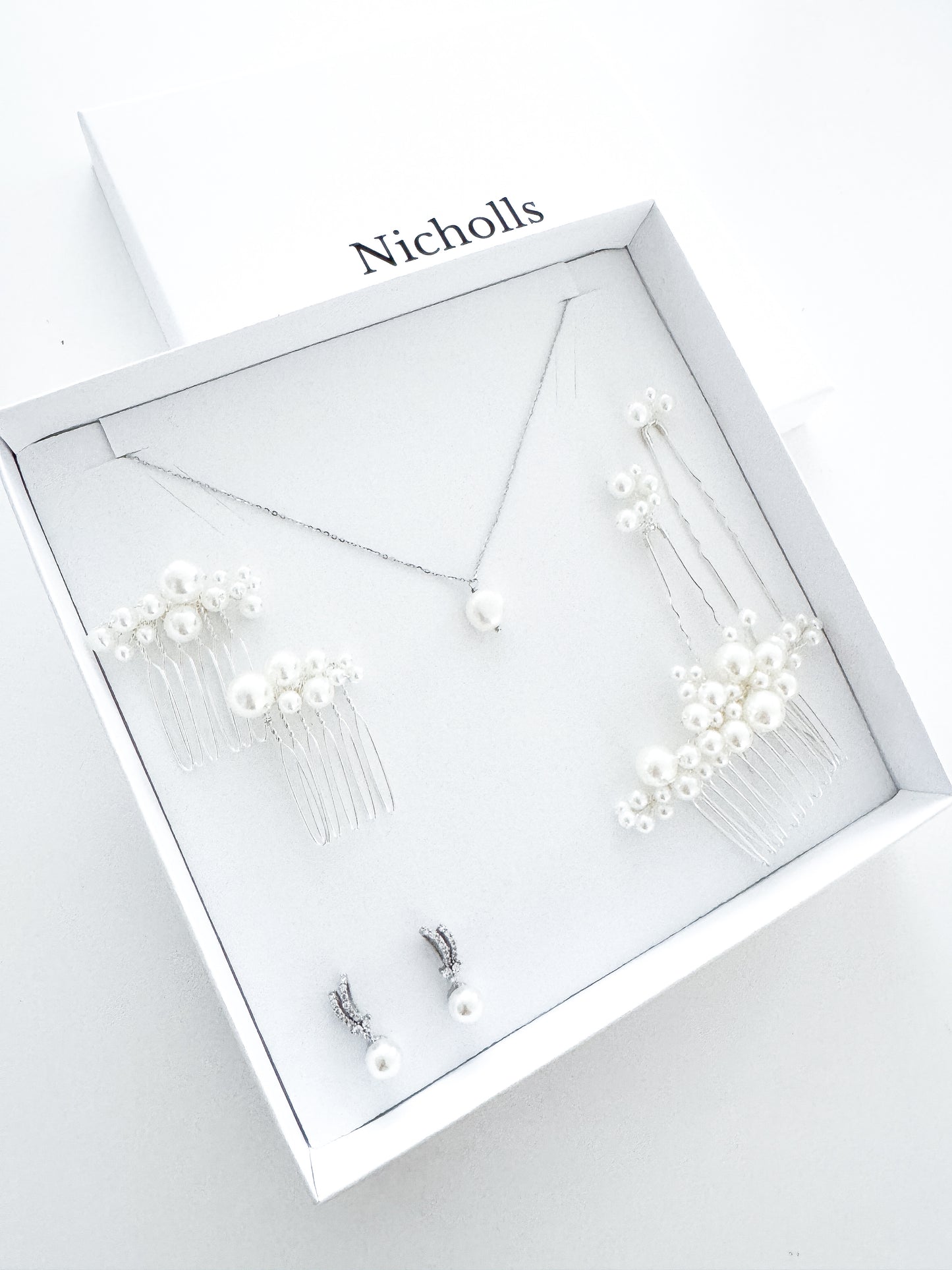 Wish Bone Crystal and Pearl Earring, Comb and Necklace Set
