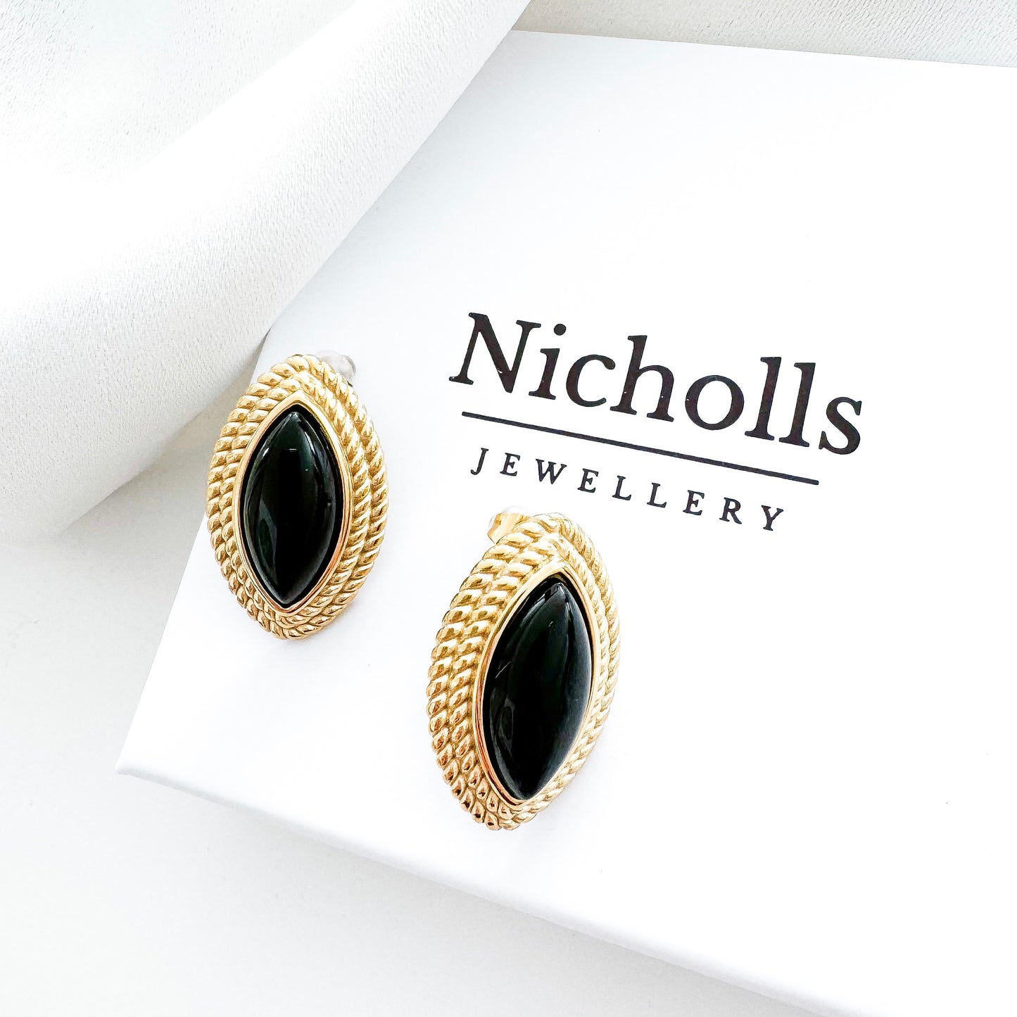 Oval Diamond Shape Black Stone 18k Gold Earrings