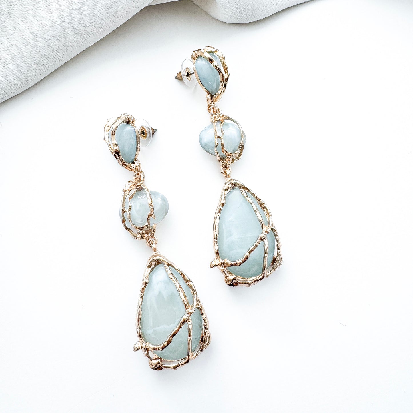 Gold Drip & Blue Grey Crystal Drop Earrings – Statement Party, Bridal & Christmas Jewellery