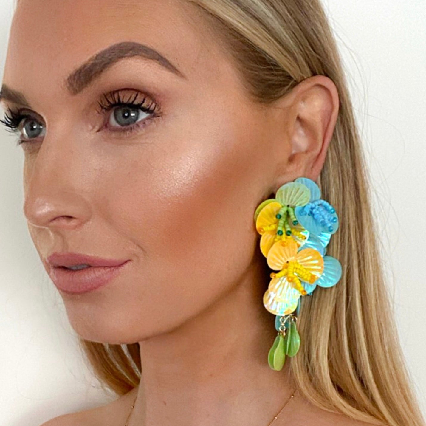 Flower Shell Green, Blue, Yellow Earrings