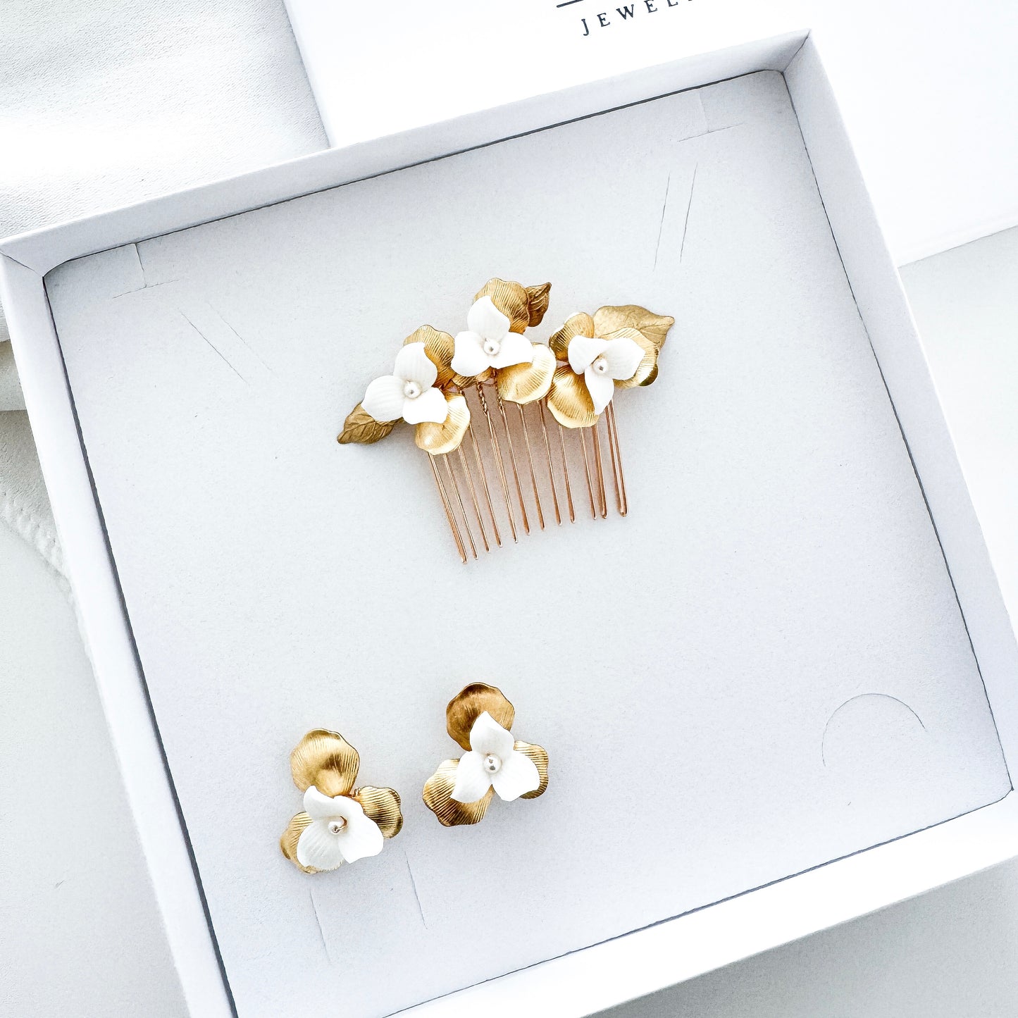 Aurelia Gold Leaf and White Porcelain Flower Wedding Comb and Stud Earrings