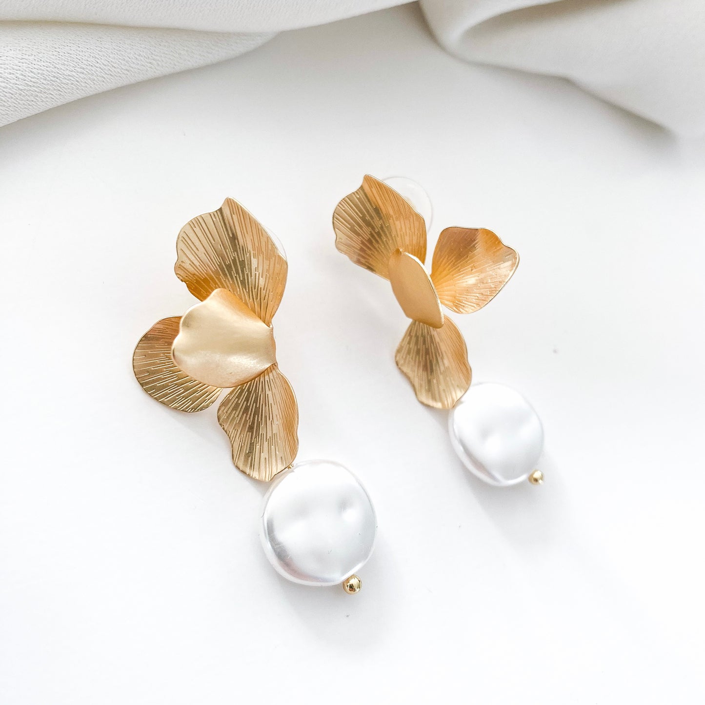 Gold Folded Flower Pearl Earrings