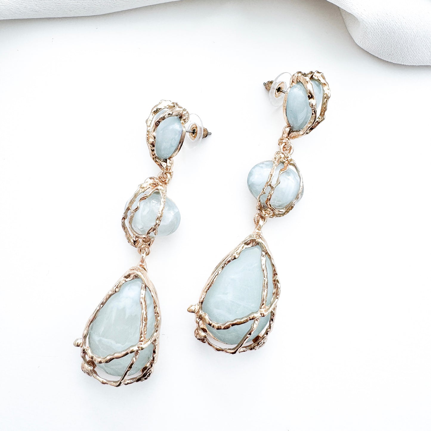 Gold Drip & Blue Grey Crystal Drop Earrings – Statement Party, Bridal & Christmas Jewellery