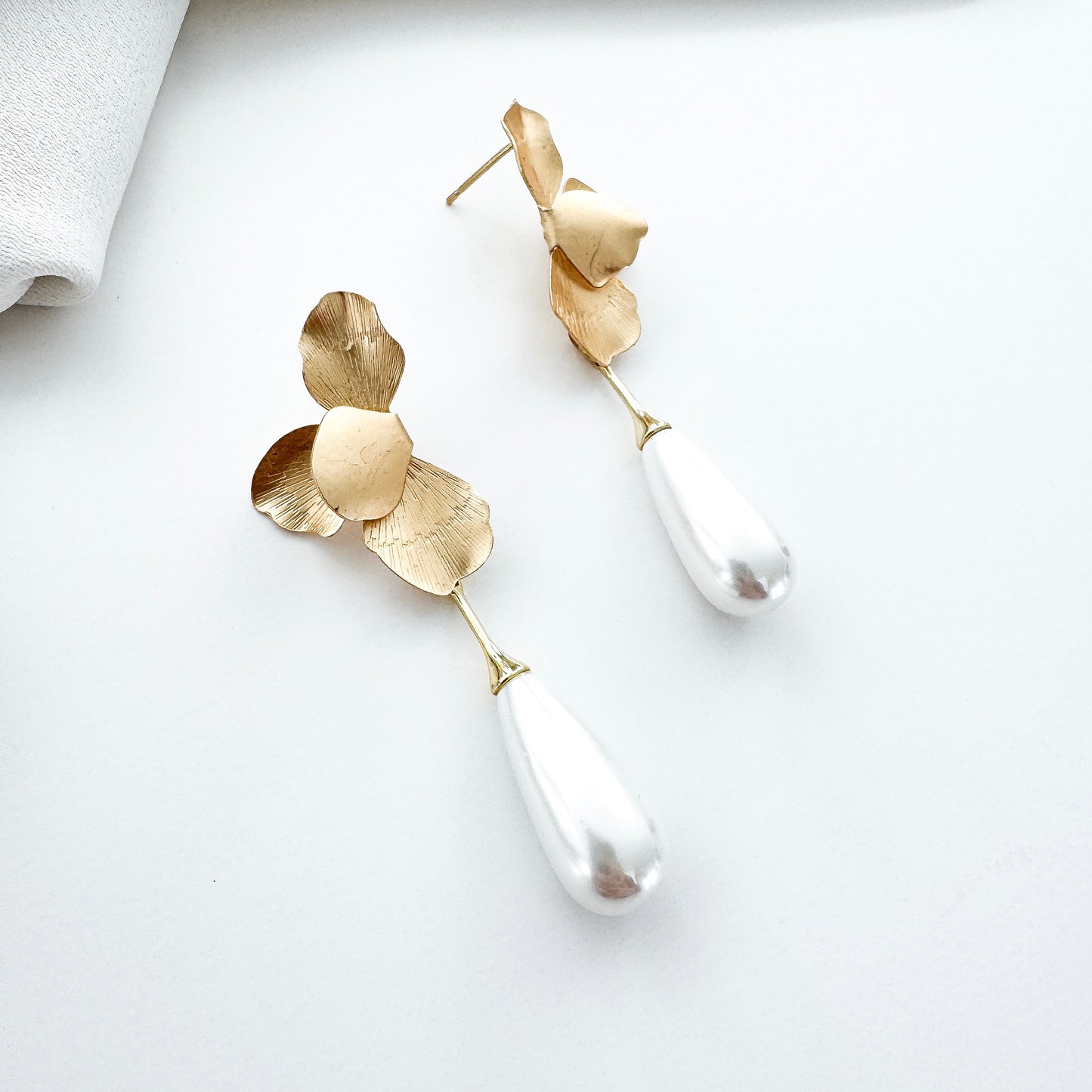 Gold Folded Flower and Teardrop Pearl Earrings