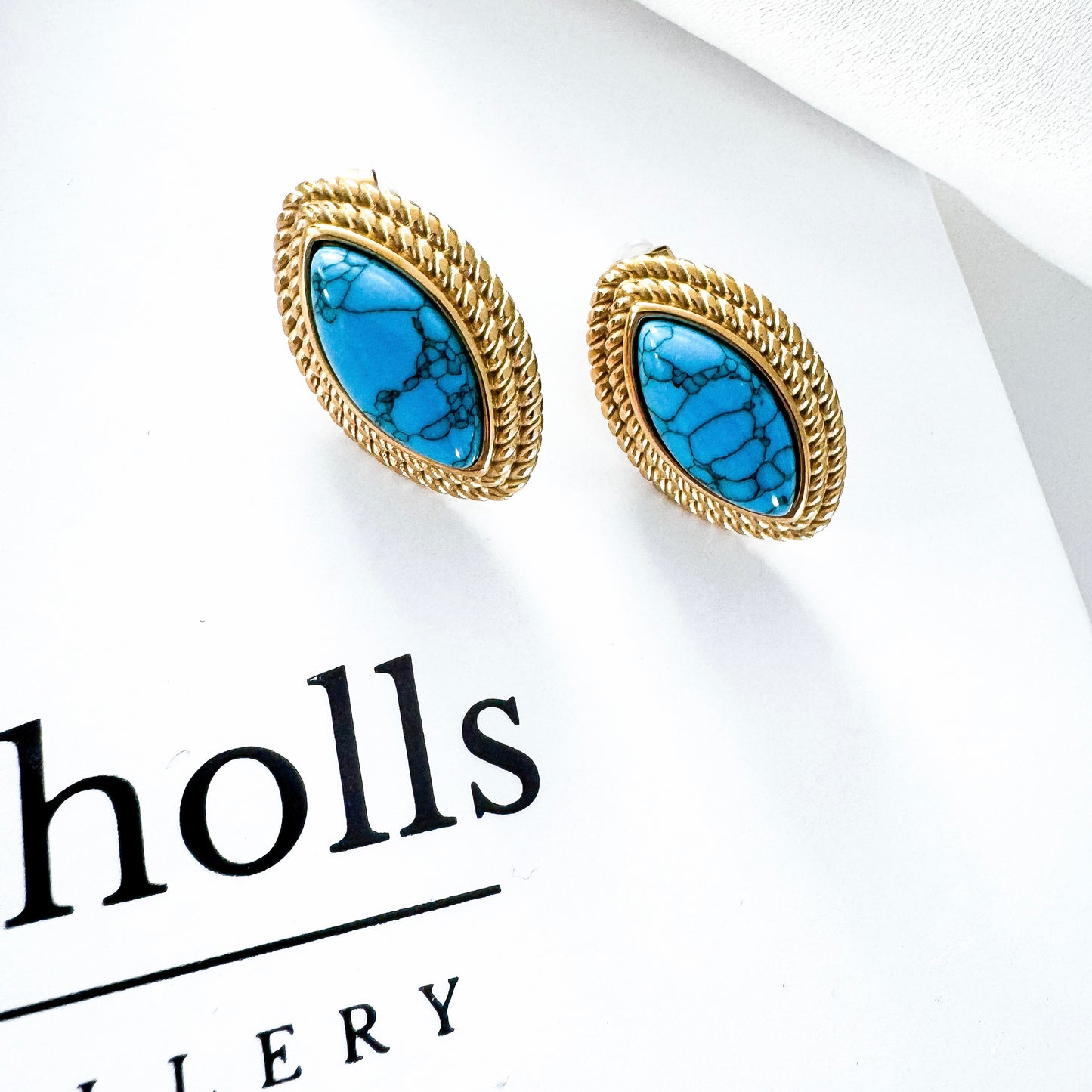 Oval Diamond Shape Blue Stone 18k Gold Earrings