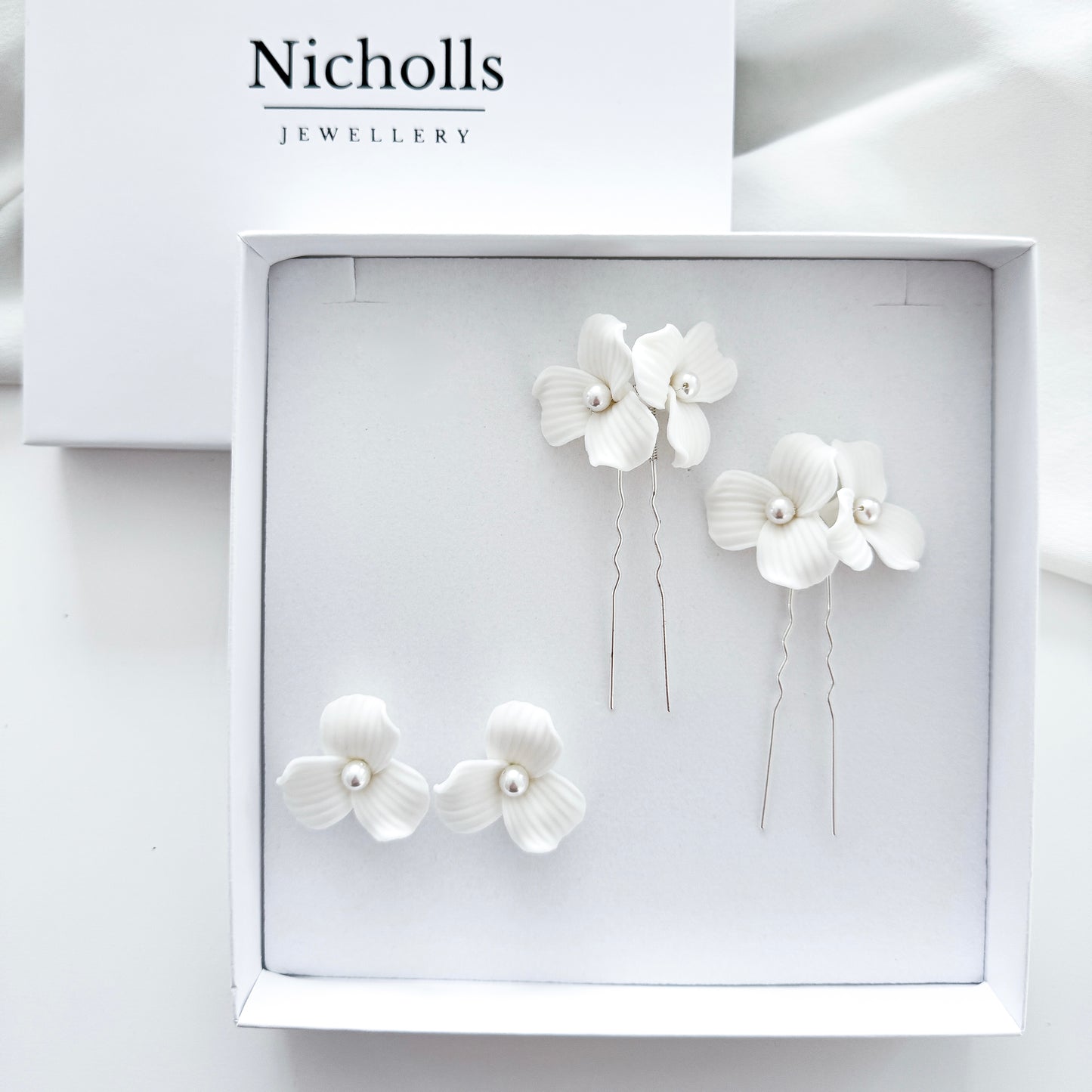 Delicate Porcelain Flower & Pearl Stud Earrings with matching Porcelain Flower Hair Pins