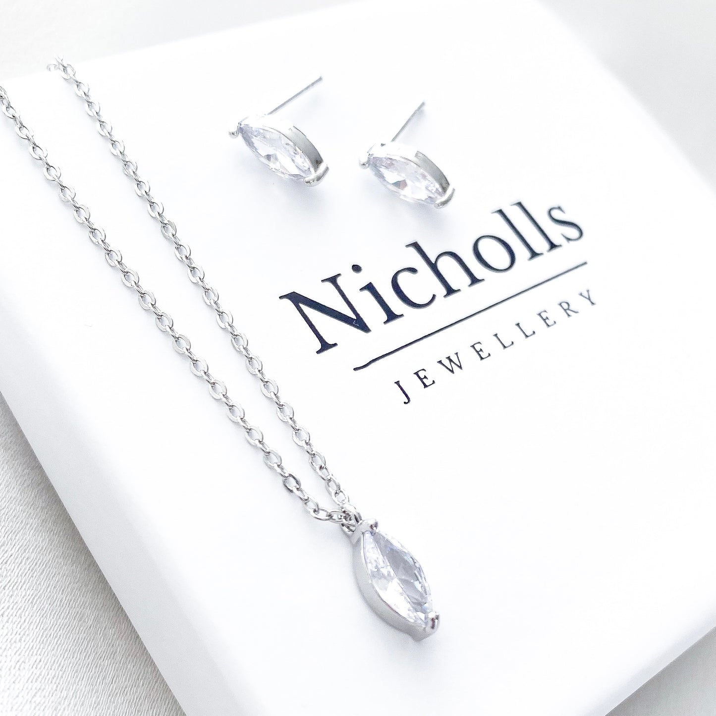 Marquise Crystal Necklace and Earring Set Silver