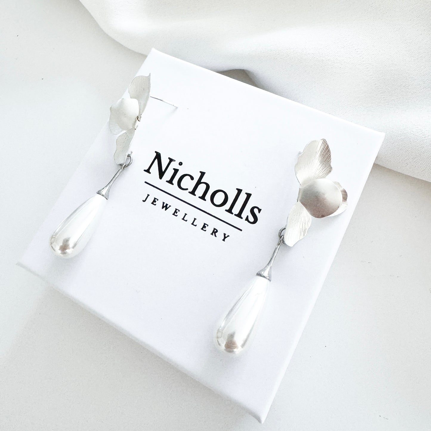 Silver Folded Flower Teardrop Pearl Earrings