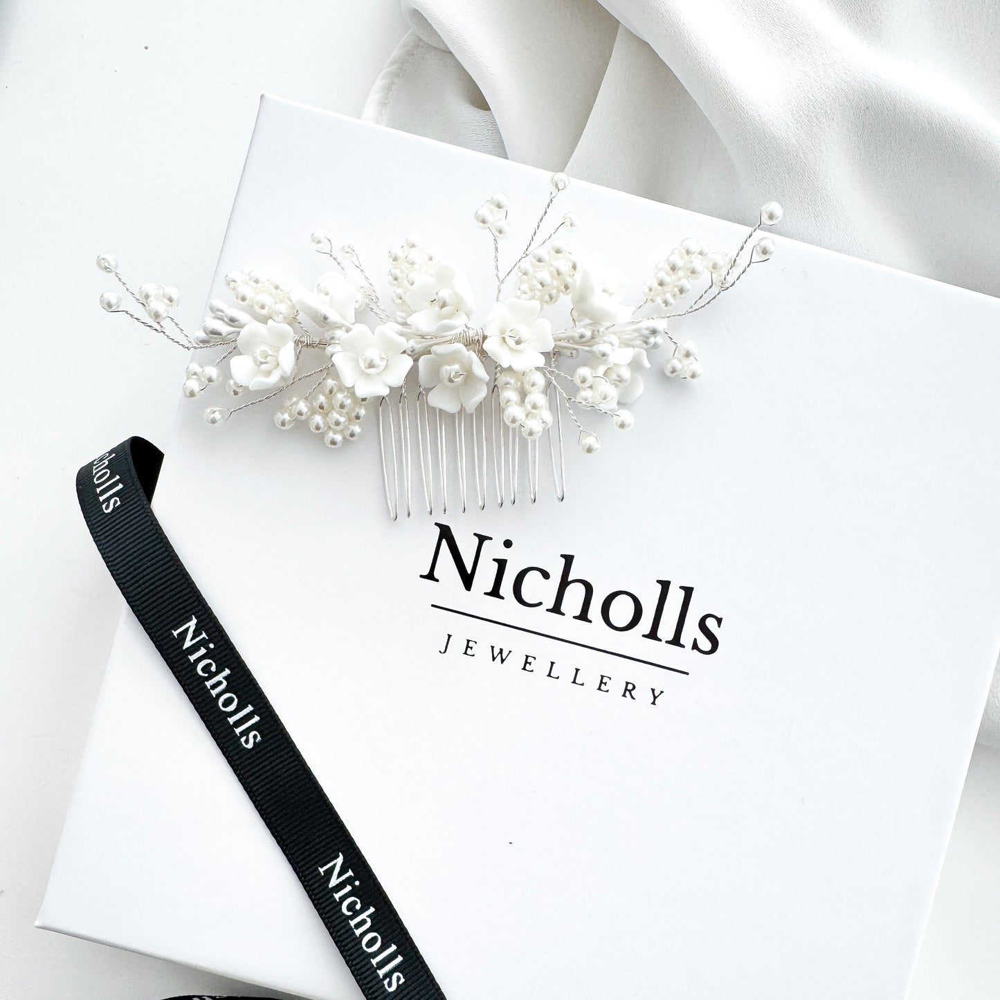 Wedding Bridal Hair Comb with Porcelain Flowers and Ball Pearls