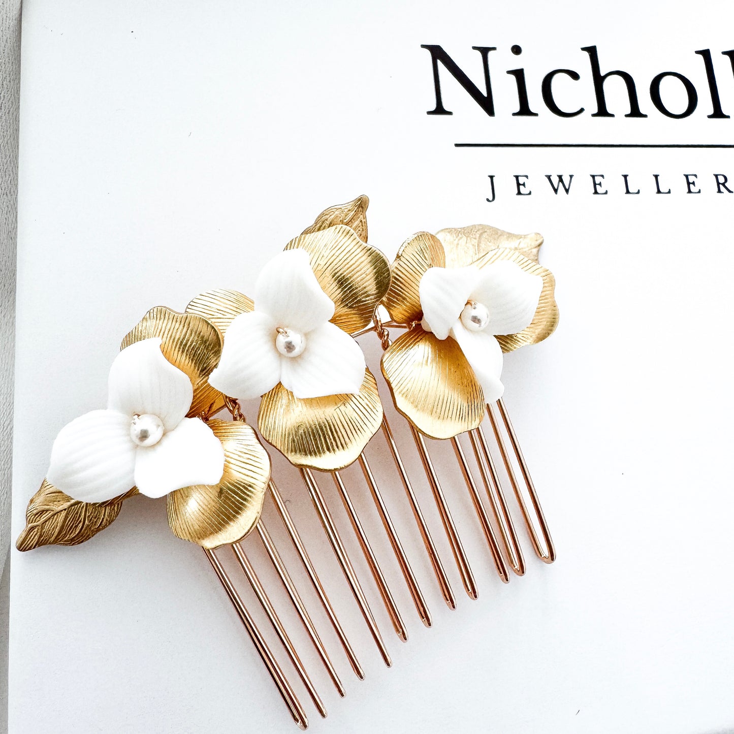 Aurelia Gold and Porcelain Flower Wedding Bridal Comb