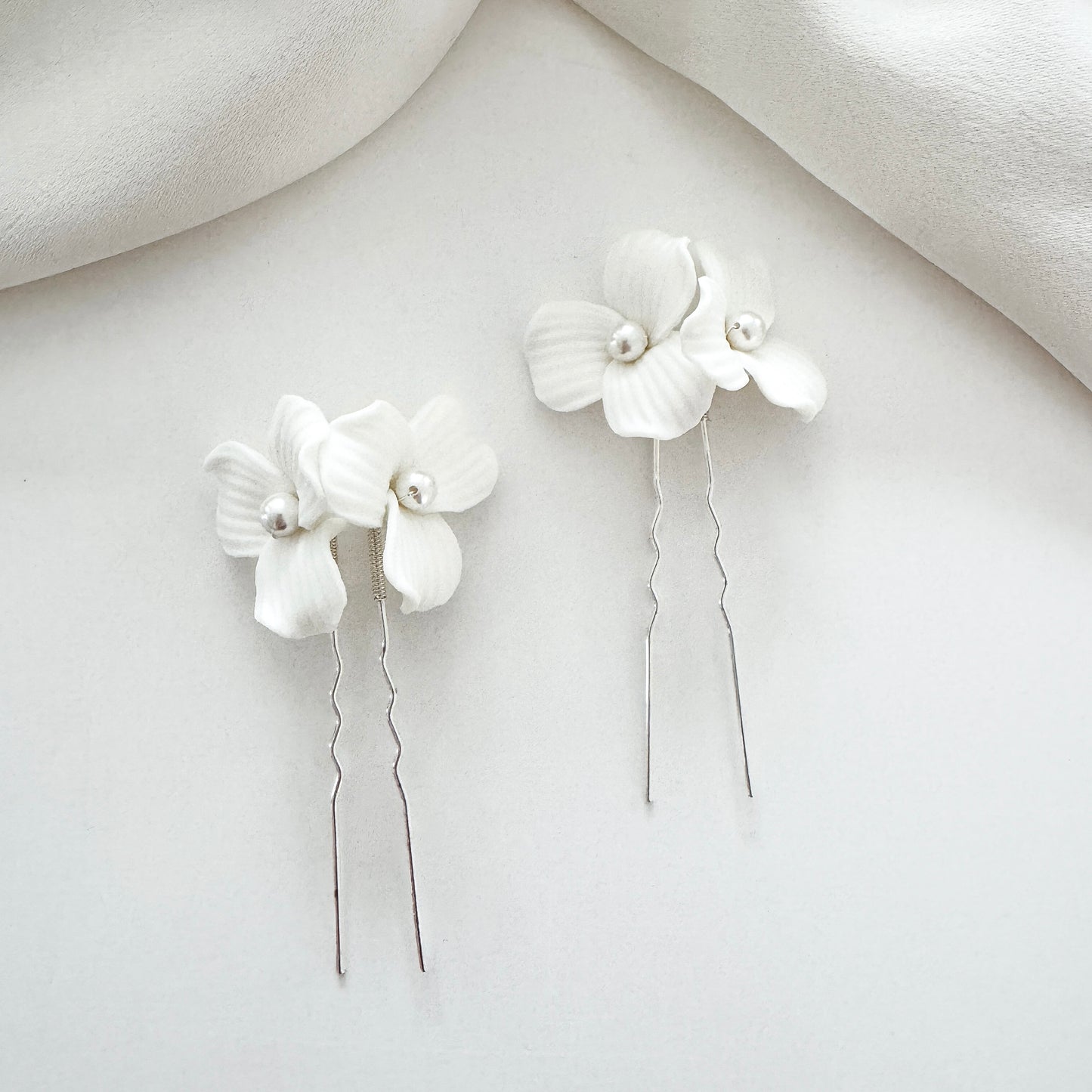 Delicate Porcelain Flower & Pearl Stud Earrings with matching Porcelain Flower Hair Pins