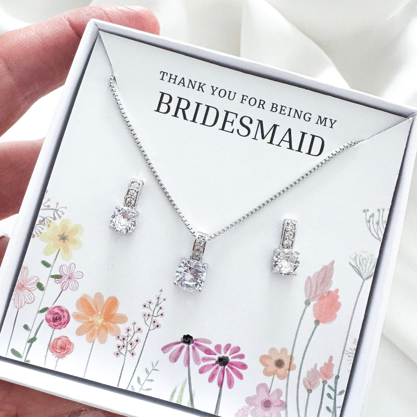 Square Cubic Zirconia Bridesmaid Jewellery Gift Set – Crystal Earrings & Matching Necklace