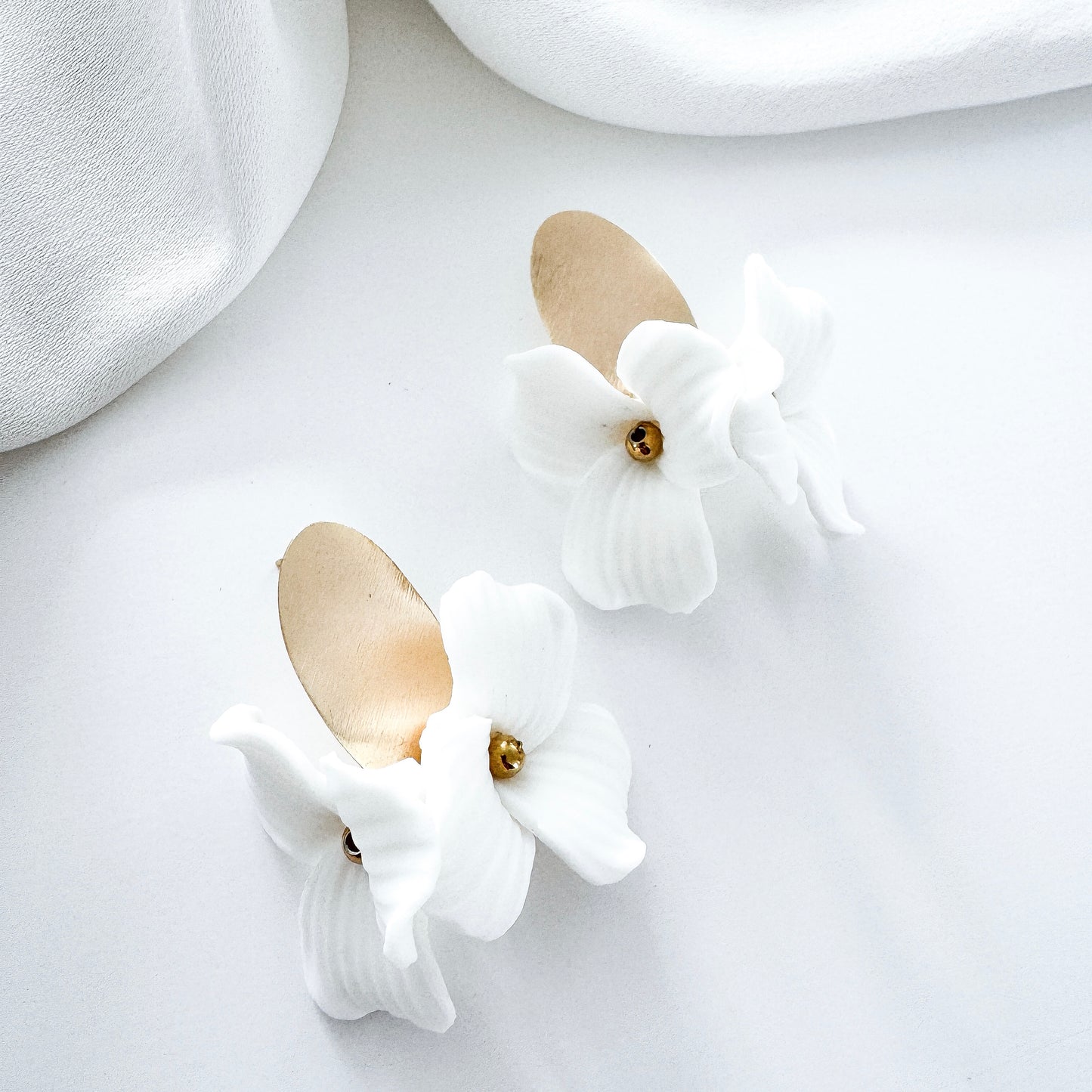 Dahlia Brushed Gold Oval Porcelain Flower Earrings