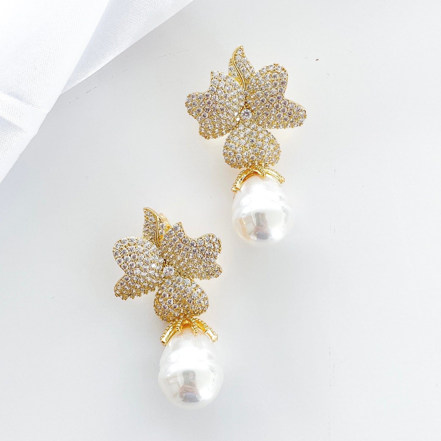 Deluxe Baroque Pearl and Gold Crystal Flower Earrings