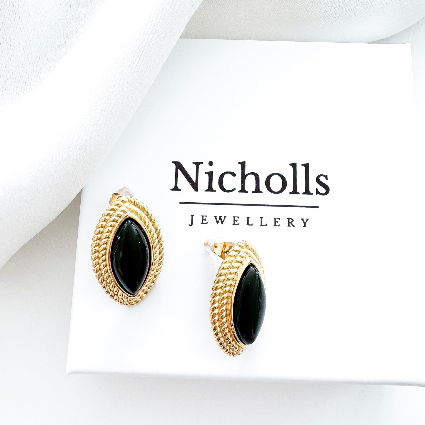 Oval Diamond Shape Black Stone 18k Gold Earrings