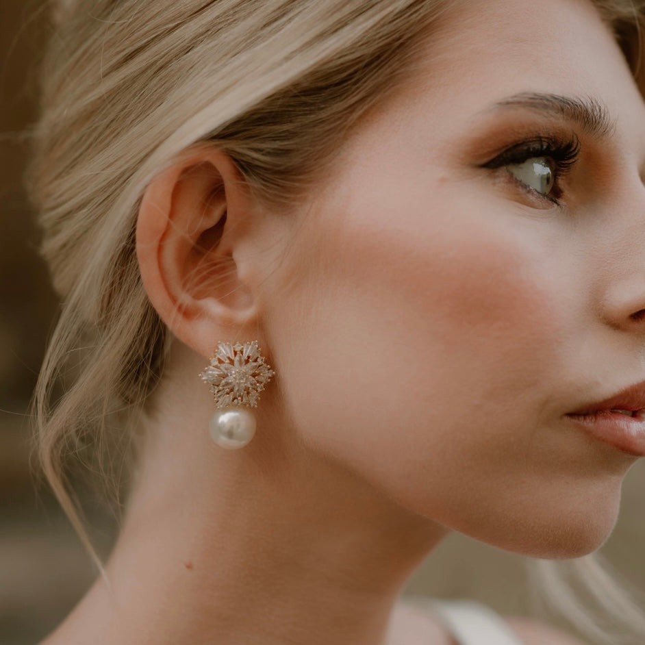 Snowflake Crystal Drop Pearl Gold Earrings