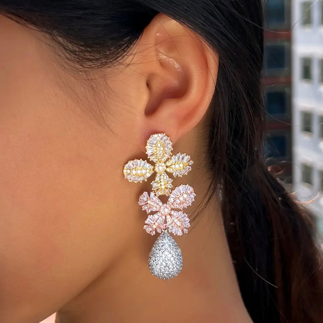 Deluxe Gold, Rose Gold and Silver Crystal Flower Earrings