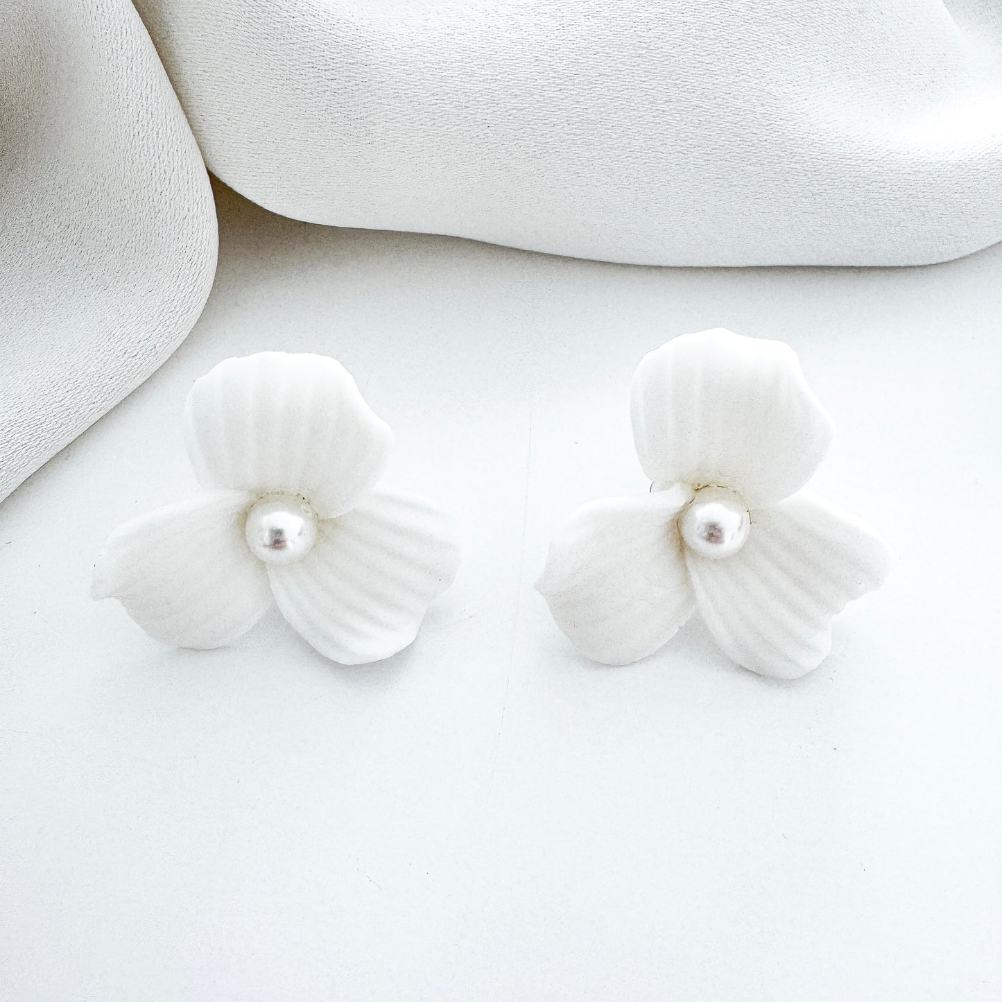 Delicate Porcelain Flower & Pearl Stud Earrings