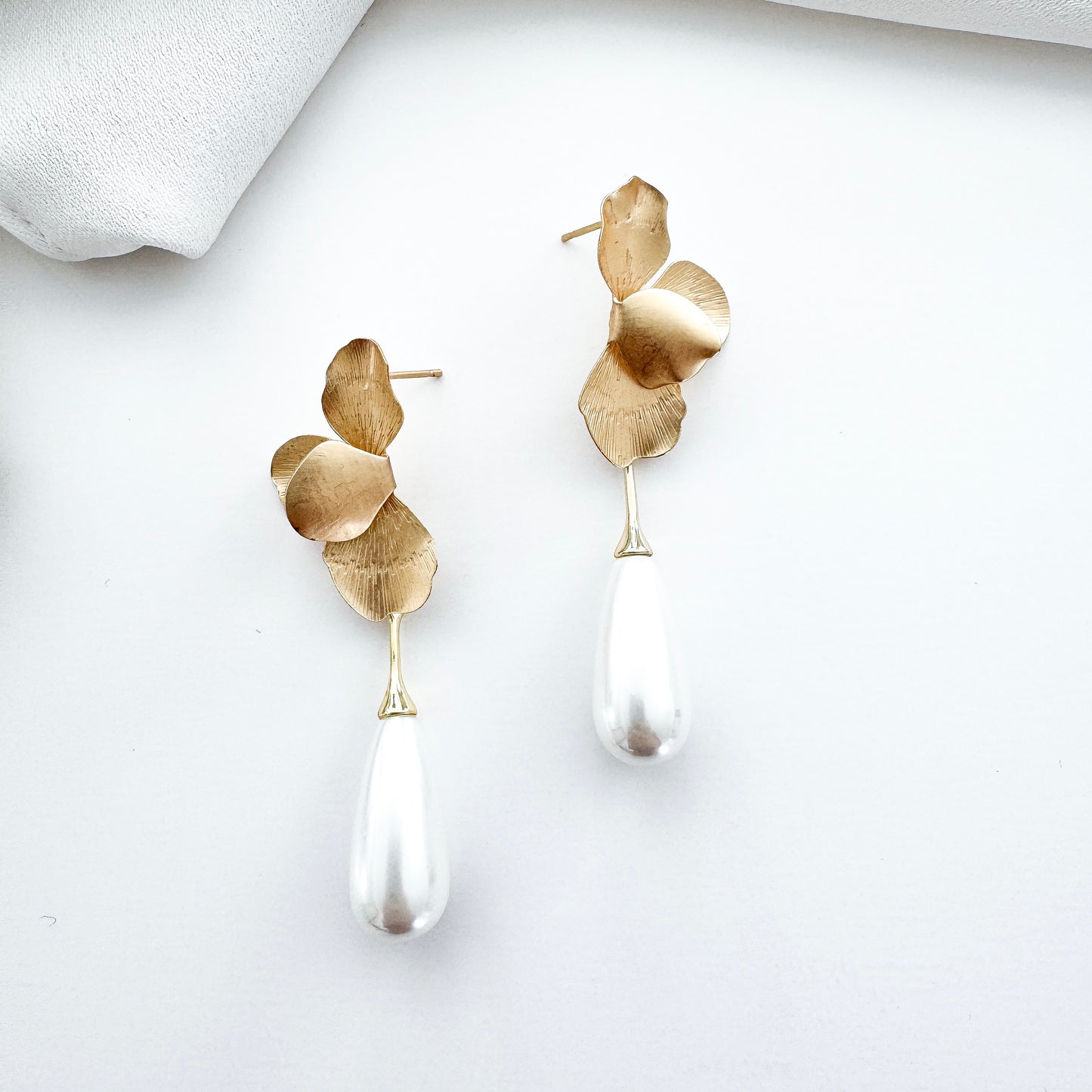 Gold Folded Flower and Long Elegant Pearl Earrings