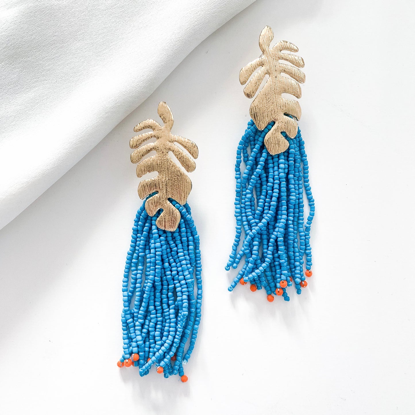 Gold Leaf and Blue Tassel Earrings