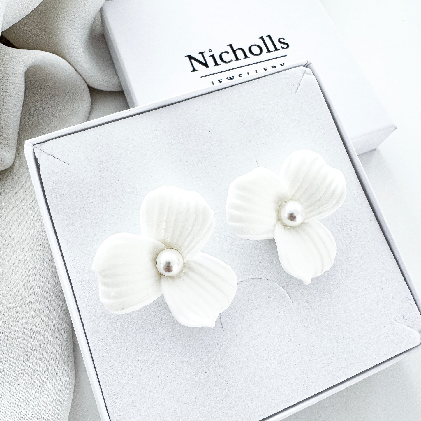 Delicate Porcelain Flower & Pearl Stud Earrings