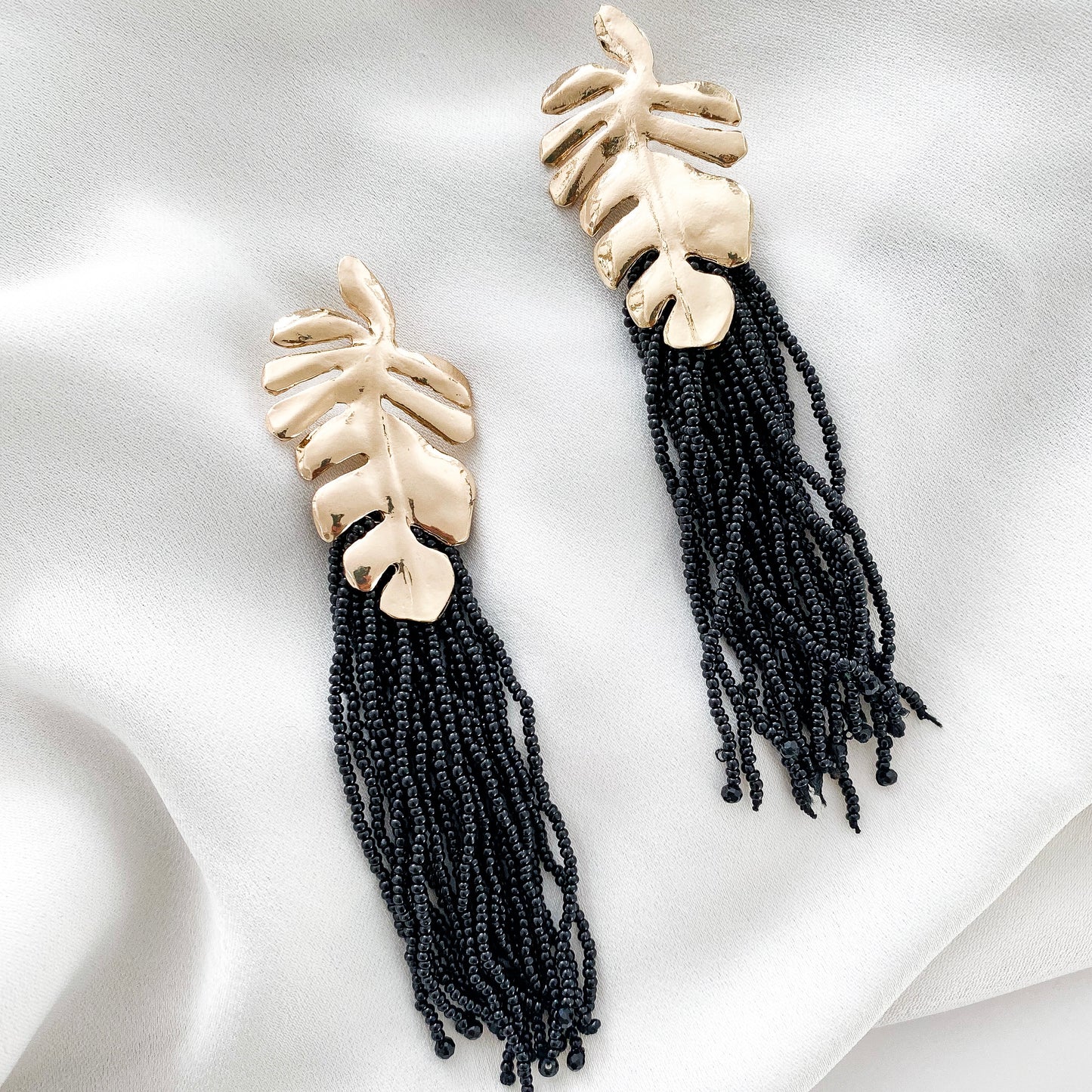 Gold Leaf and Black Tassel Earrings