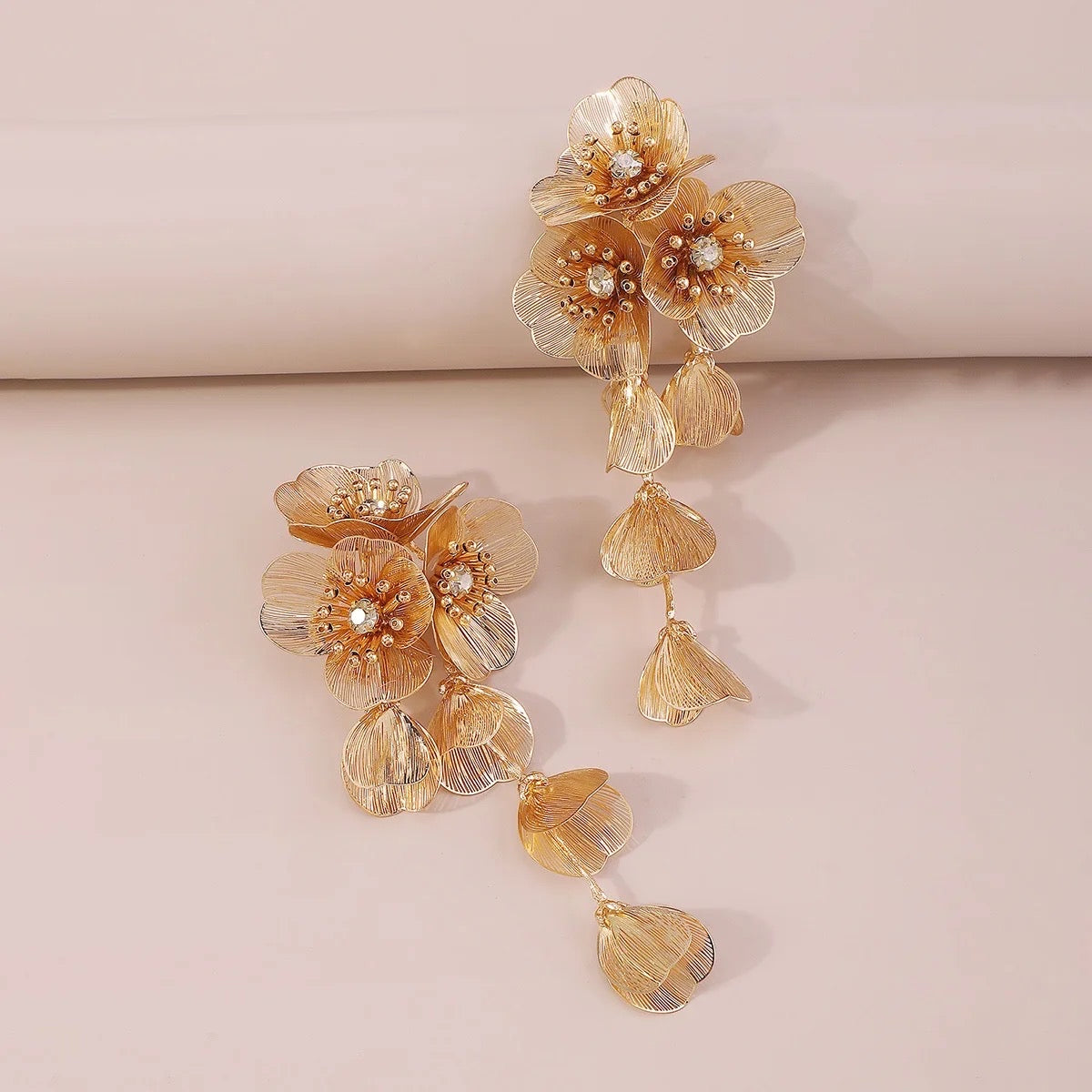 Gold Flower Statement Earrings- Lightweight Waterfall Design