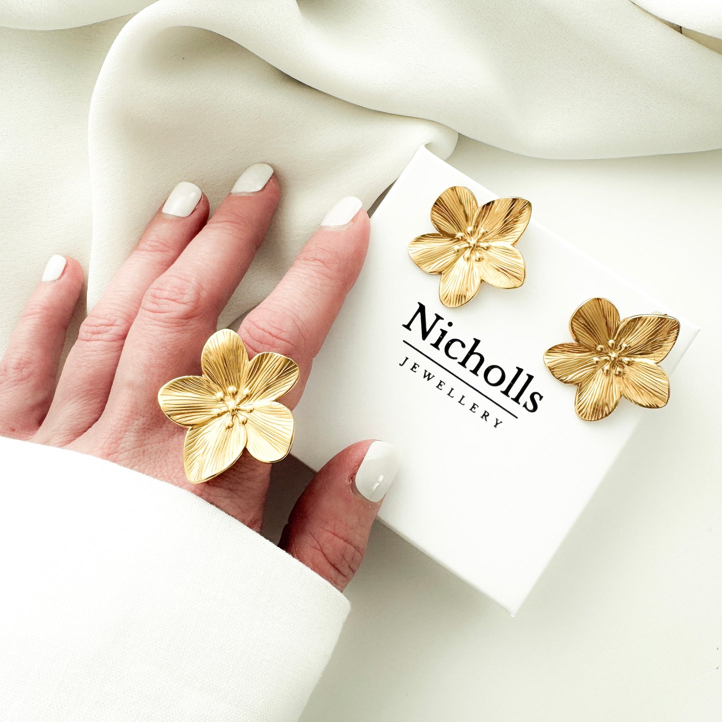 Gold Pretty Petal Earrings and Ring Set