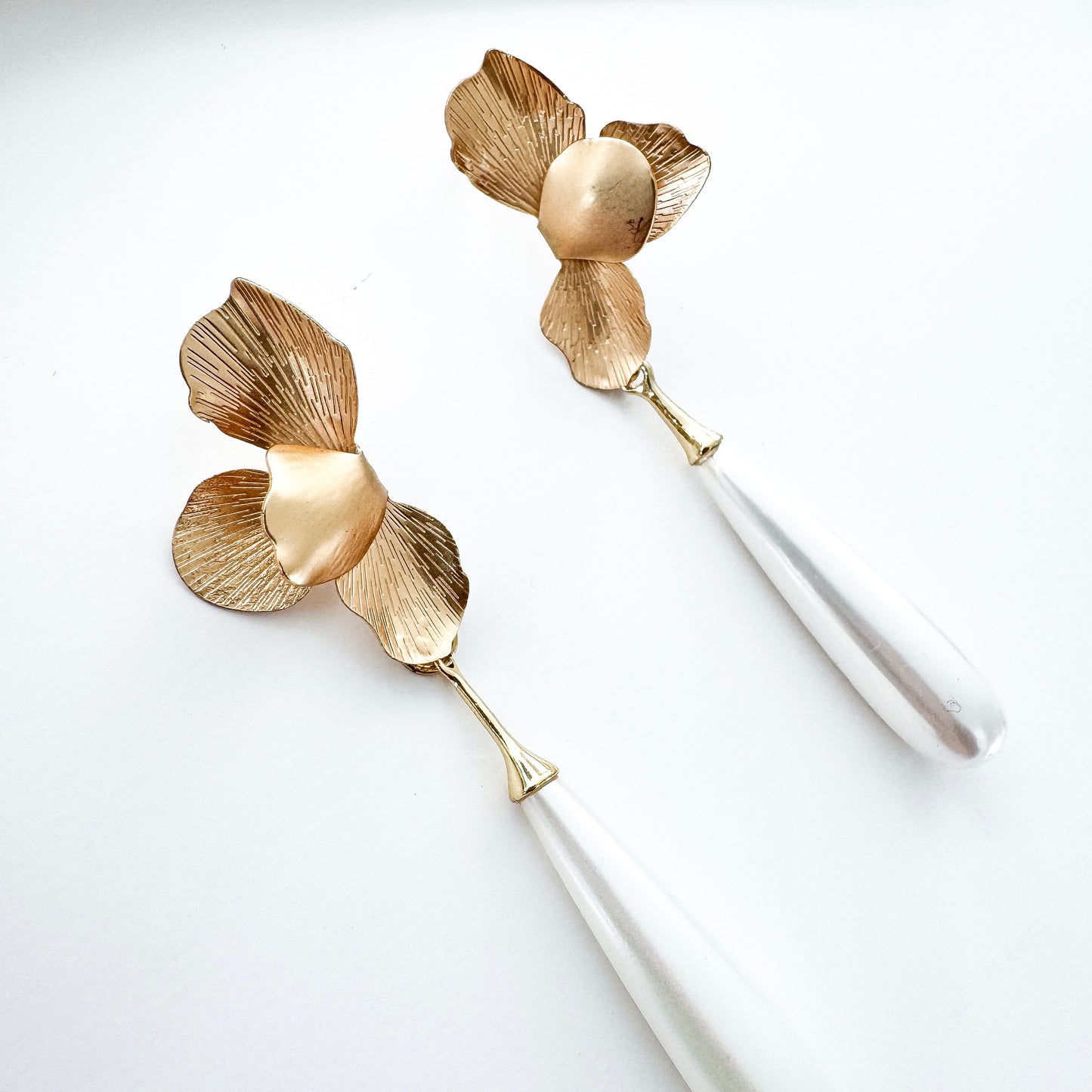 Gold Folded Flower and Long Elegant Pearl Earrings