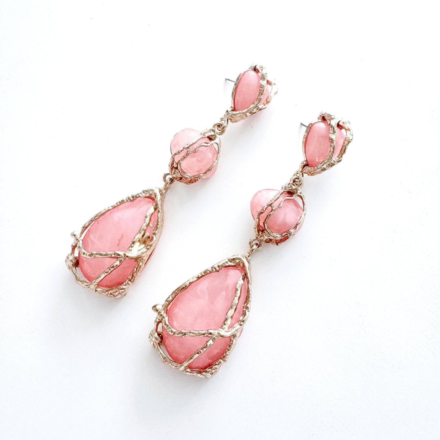 Gold Drip & Salmon Pink Crystal Drop Earrings – Statement Party, Bridal & Christmas Jewellery