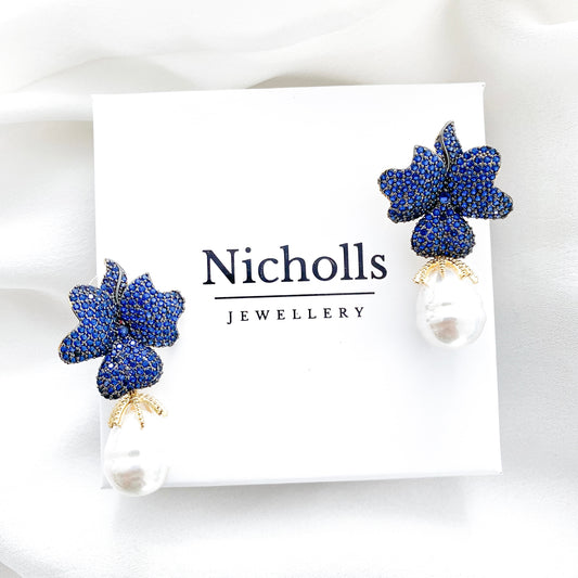 Deluxe Pearl Baroque and Blue Crystal Flower Earrings