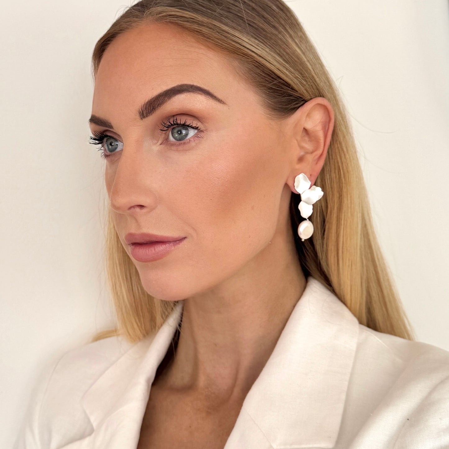 Silver Folded Flower Pearl Earrings