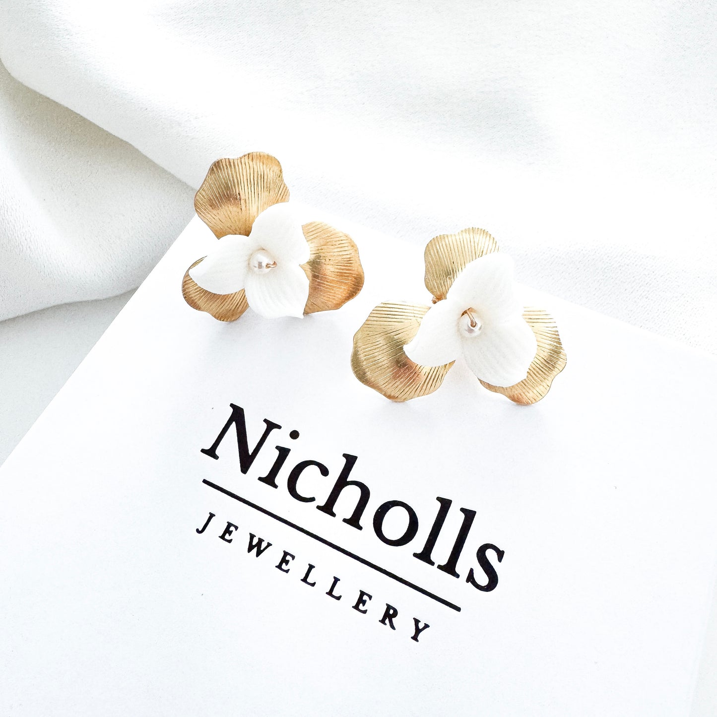 Gold Petal and Porcelain Flower Stud Earrings