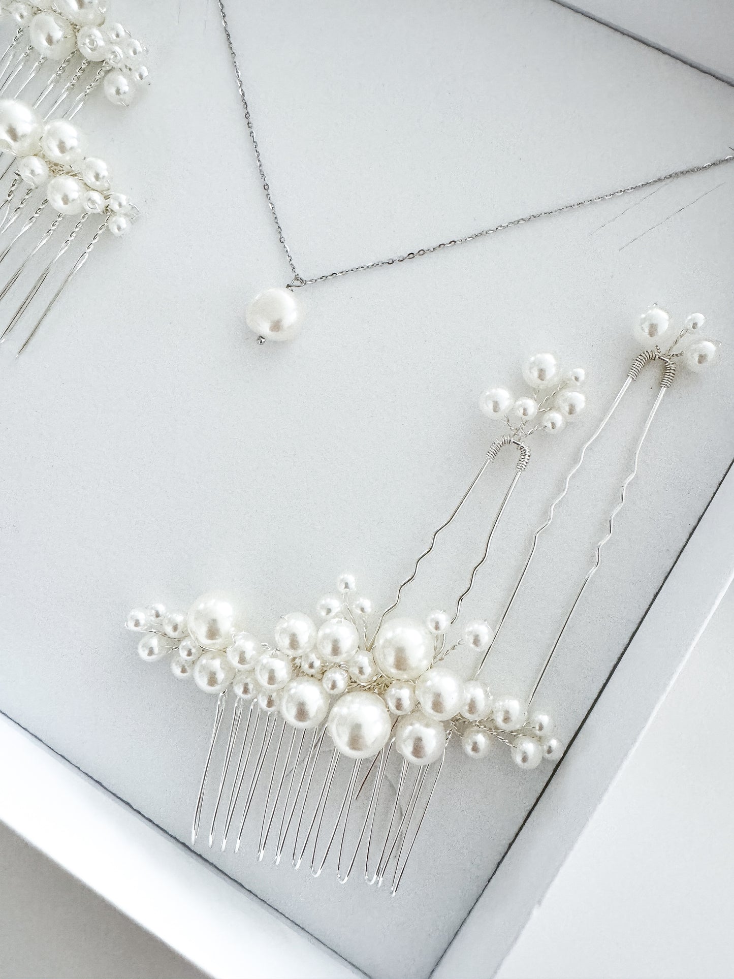 Wish Bone Crystal and Pearl Earring, Comb and Necklace Set