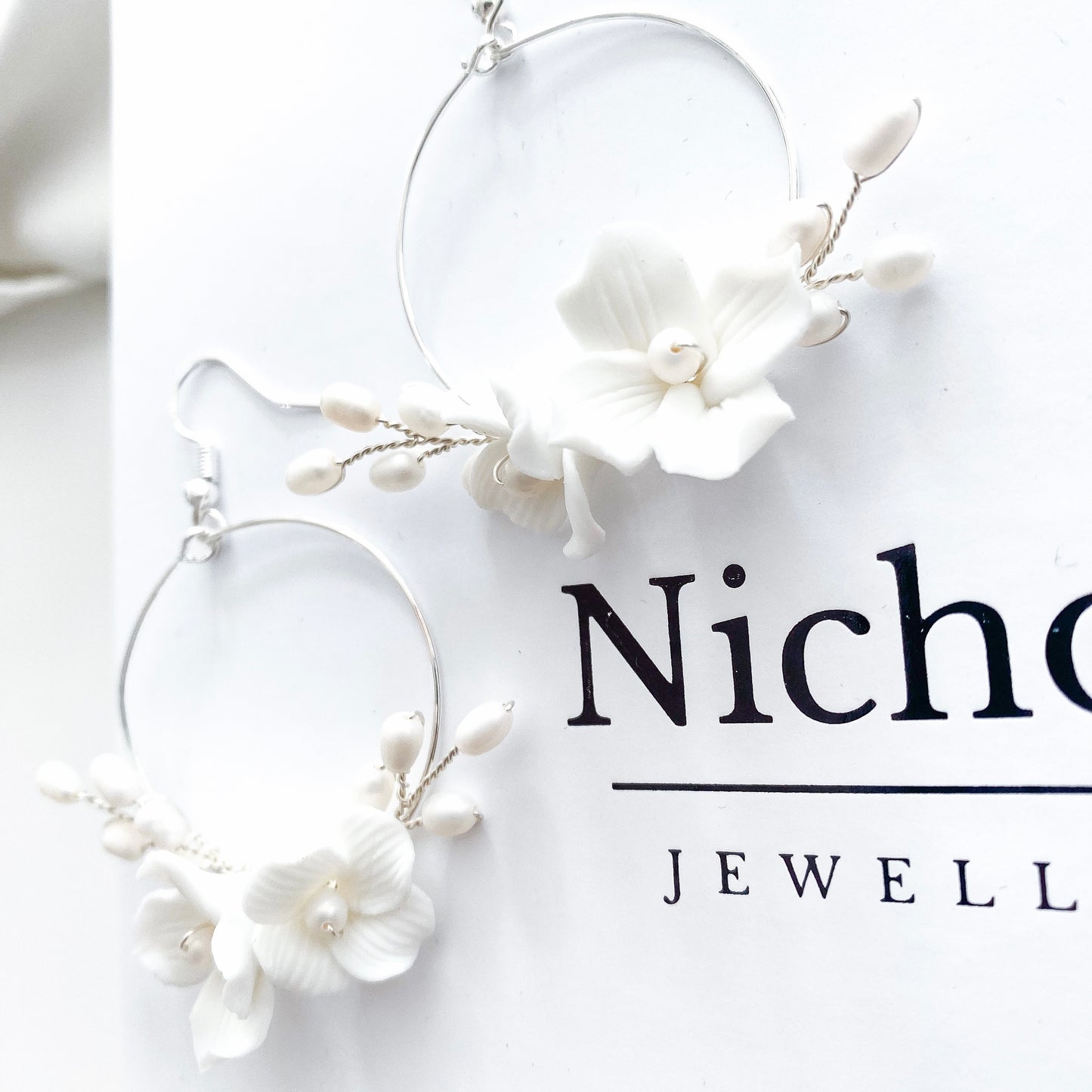 Porcelain Flower Pearl Spray Hoops