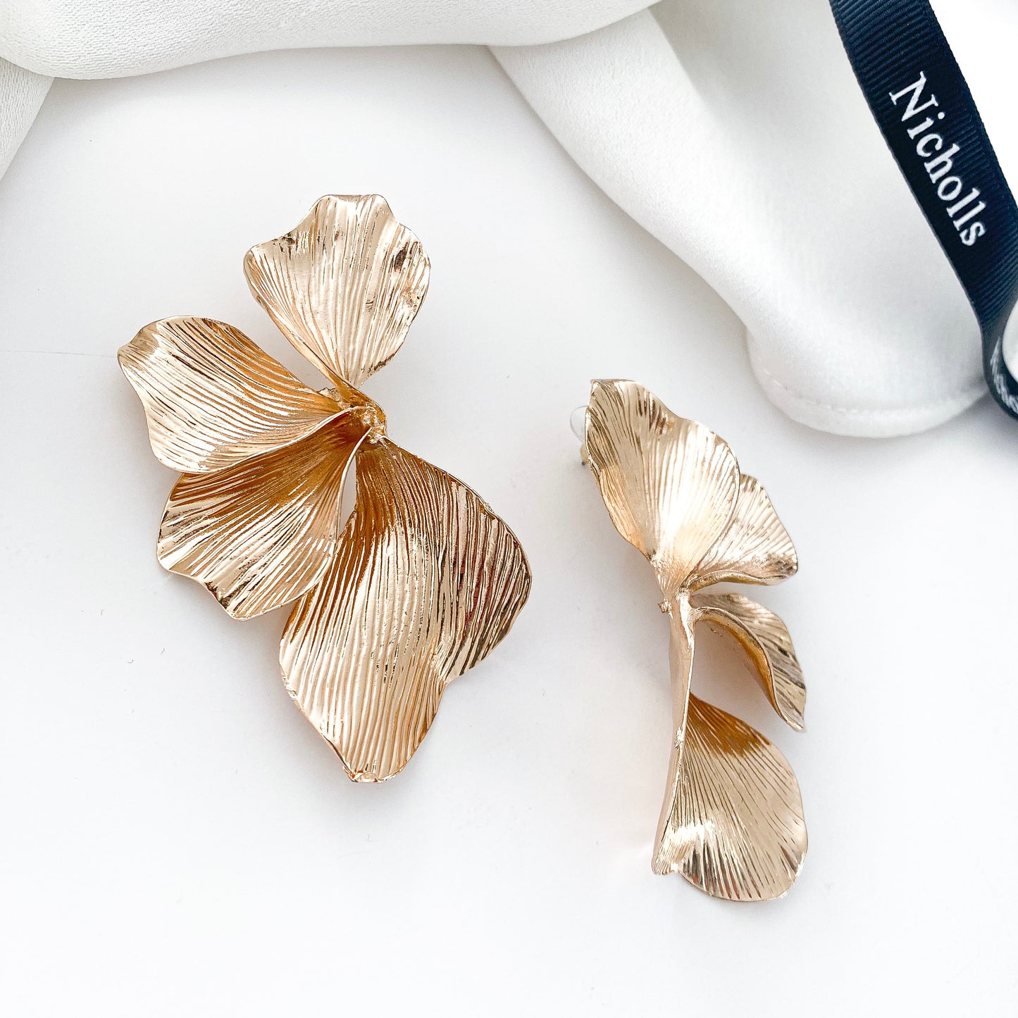 Statement Gold Iris Petal Flower Earrings - Holiday, Christmas & Party Jewellery