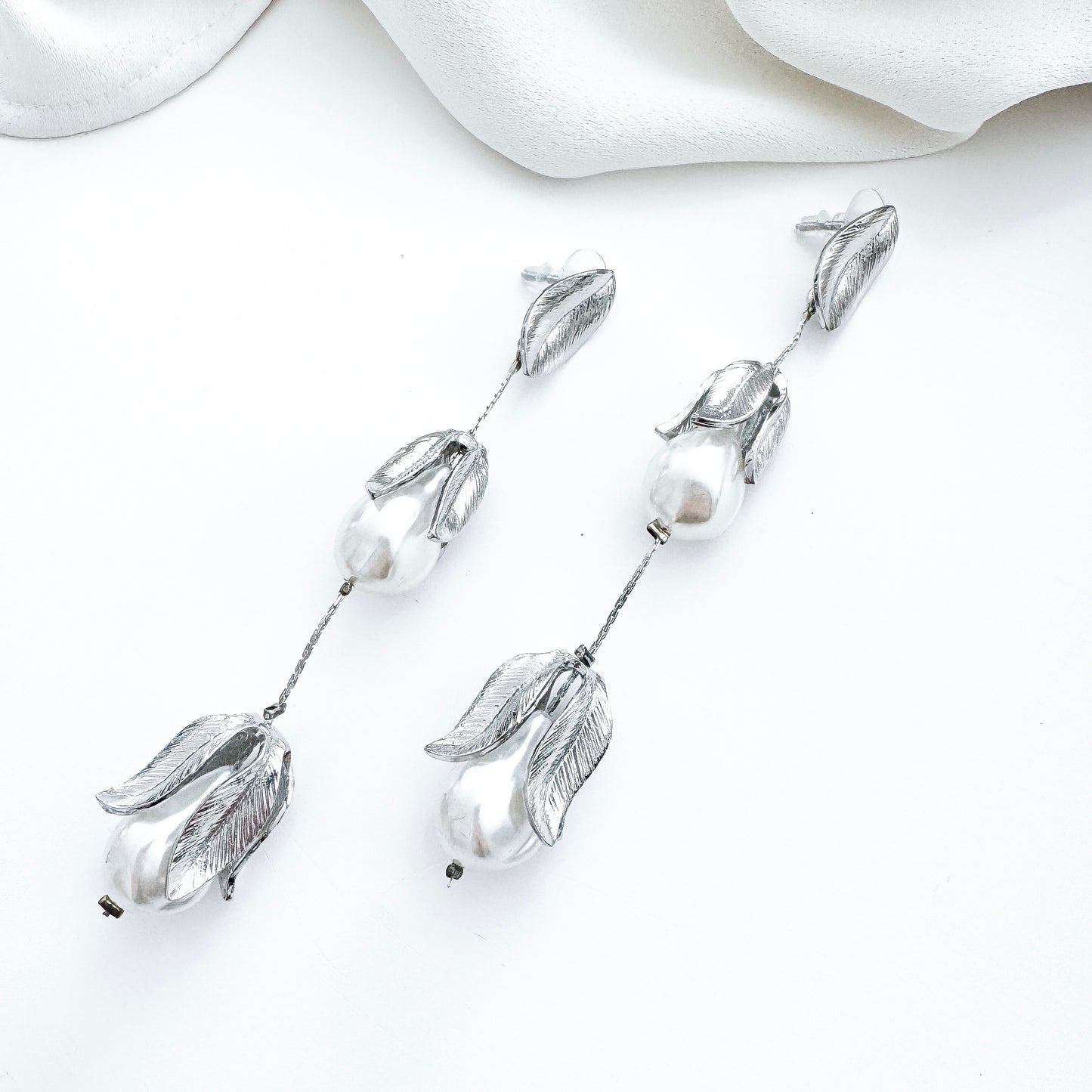 Silver Leaf and Pearl Drop Earrings - Bridal, Holiday and Party Jewellery